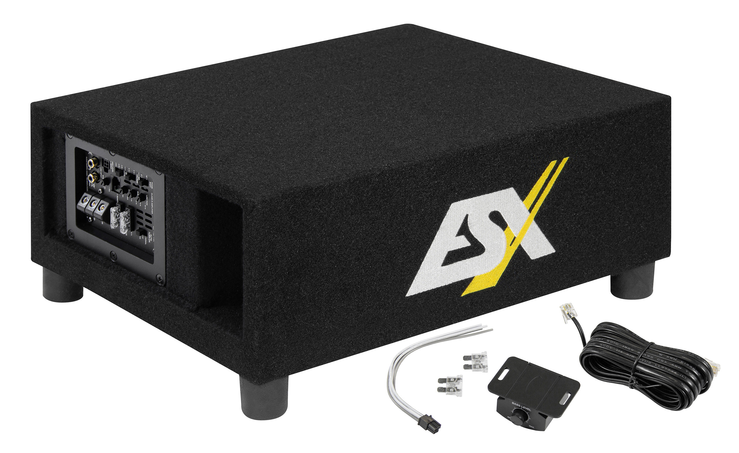 Schwarzer Subwoofer mit weißem/gelbem Logo. Enthält schwarzes Zubehör: Kabel, Sicherungen, Steuerbox und Kabel.