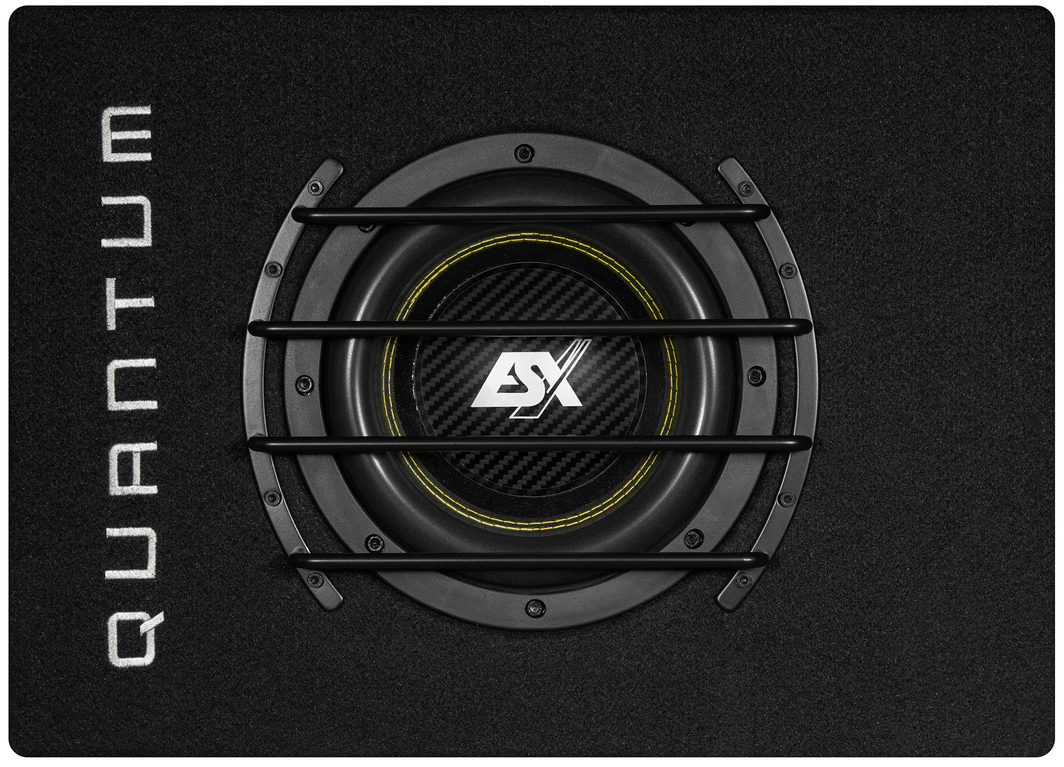 Ein Subwoofer mit schwarzem und grauem Design. Es zeigt das Wort QUANTUM und das Logo einer Marke.