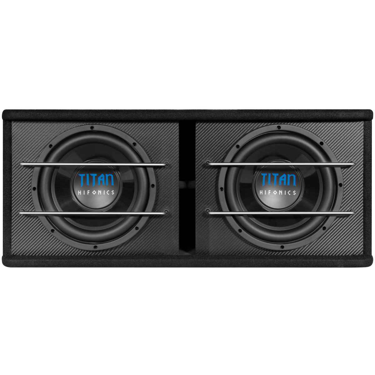 Ein schwarzer Subwoofer mit zwei Lautsprechern. Jeder Lautsprecher hat ein Metallgitter und das Wort TITAN. Die Box hat ein Karbonfasermuster.