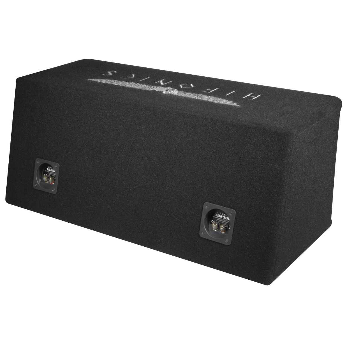 Eine schwarze Subwoofer-Box mit der Aufschrift 'HIFONICS'. Sie hat zwei Lautsprecheranschlüsse. Die Box steht auf weißem Untergrund.