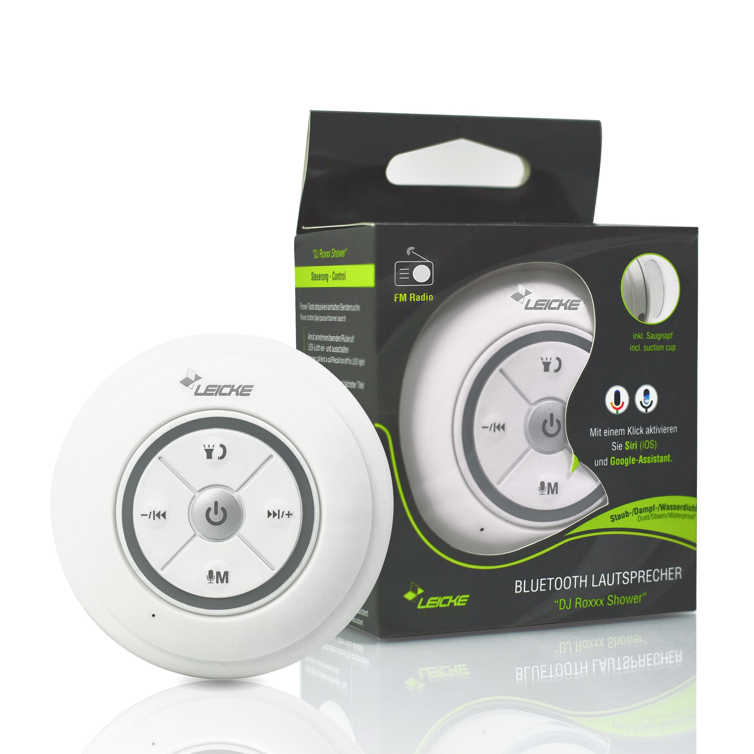 Ein weißer Bluetooth-Duschlautsprecher mit Steuertasten und Verpackung.