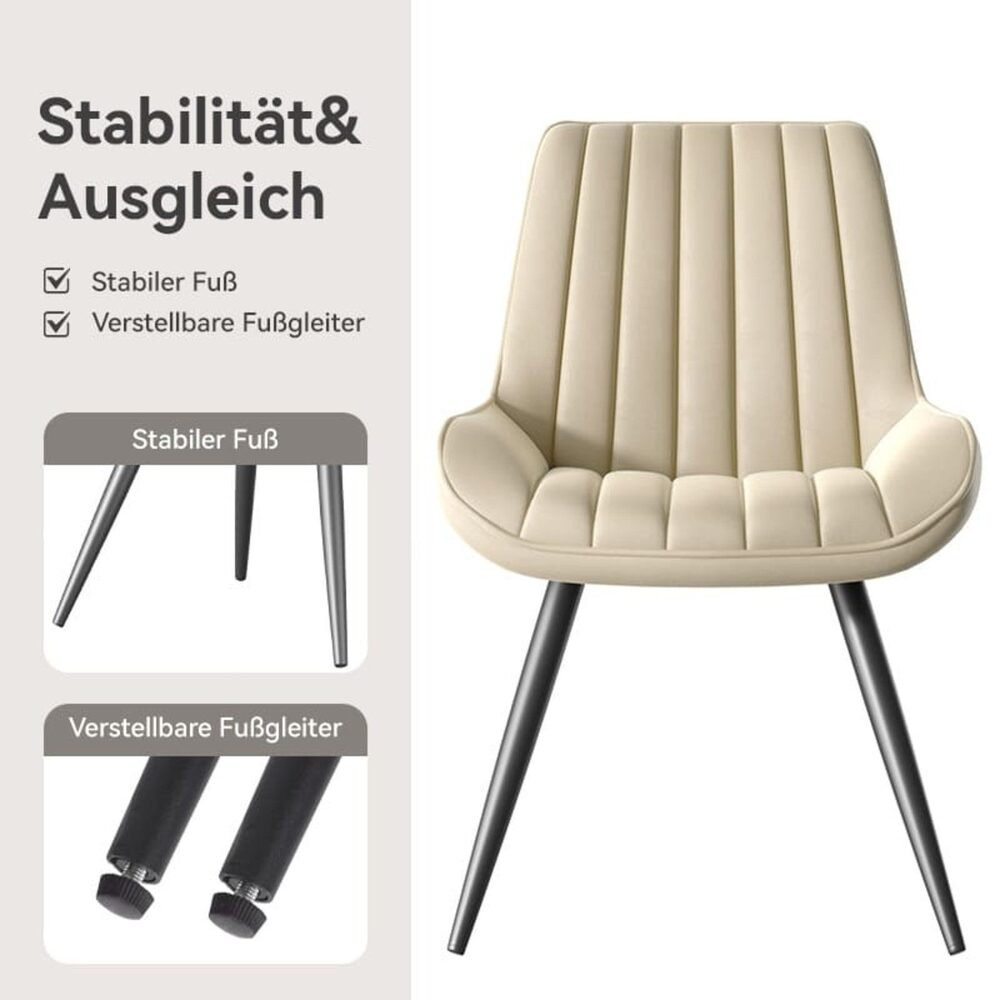 Beiger Stuhl mit schwarzen Beinen. Gepolsterte Sitzfläche und Rückenlehne. Text beschreibt Stabilität und verstellbare Füße.