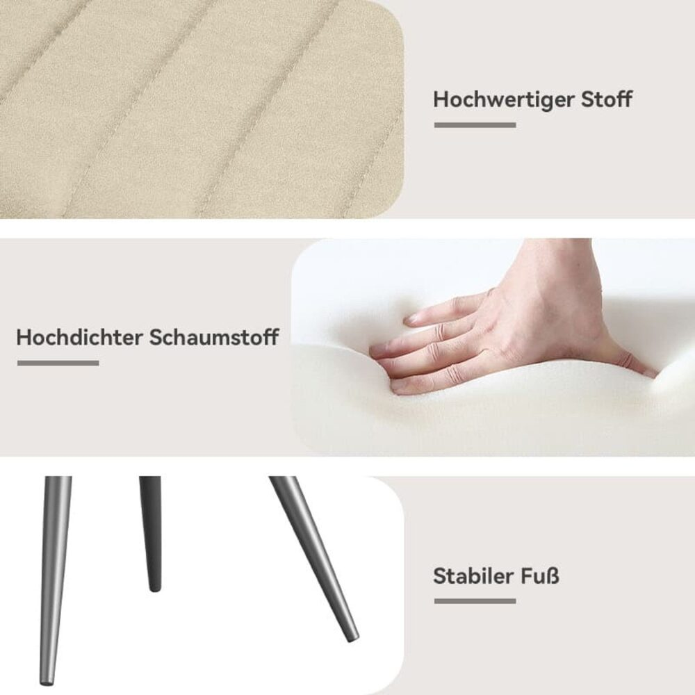 Das Bild zeigt Stuhlmaterialien: hochwertiger Stoff, hochdichter Schaumstoff und stabile Beine. Hand drückt auf Schaum.
