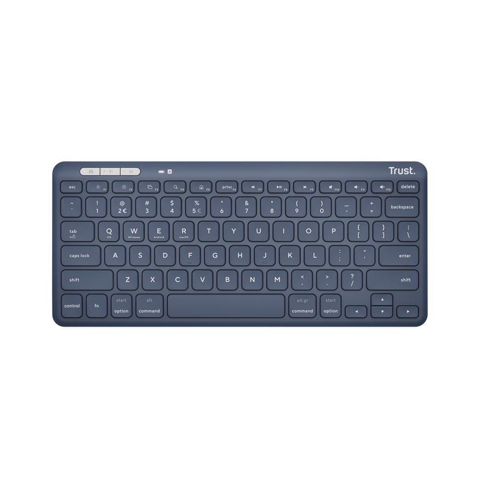 Una tastiera Trust blu scuro con tasti bianchi. I tasti includono lettere, numeri e caratteri speciali, con un design semplice.