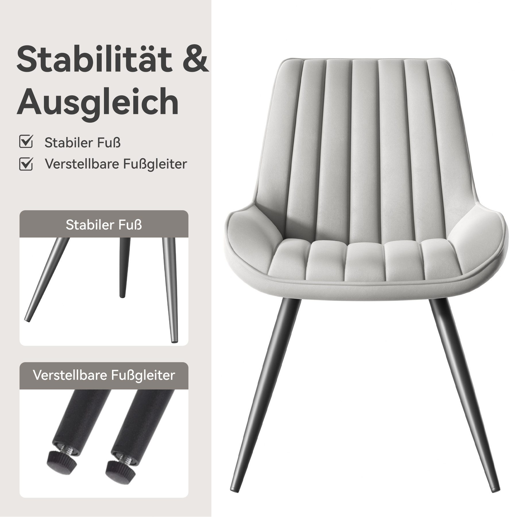 Ein grauer Stuhl mit schwarzen Beinen. Text-Overlay: 'Stabilität & Ausgleich' und Merkmale des Stuhls.