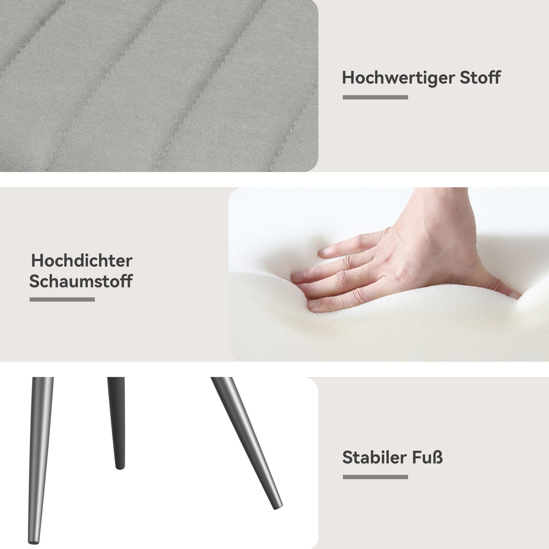 Das Bild zeigt Stoff, hochdichten Schaumstoff, der von einer Hand gedrückt wird, und metallische Stuhlbeine.