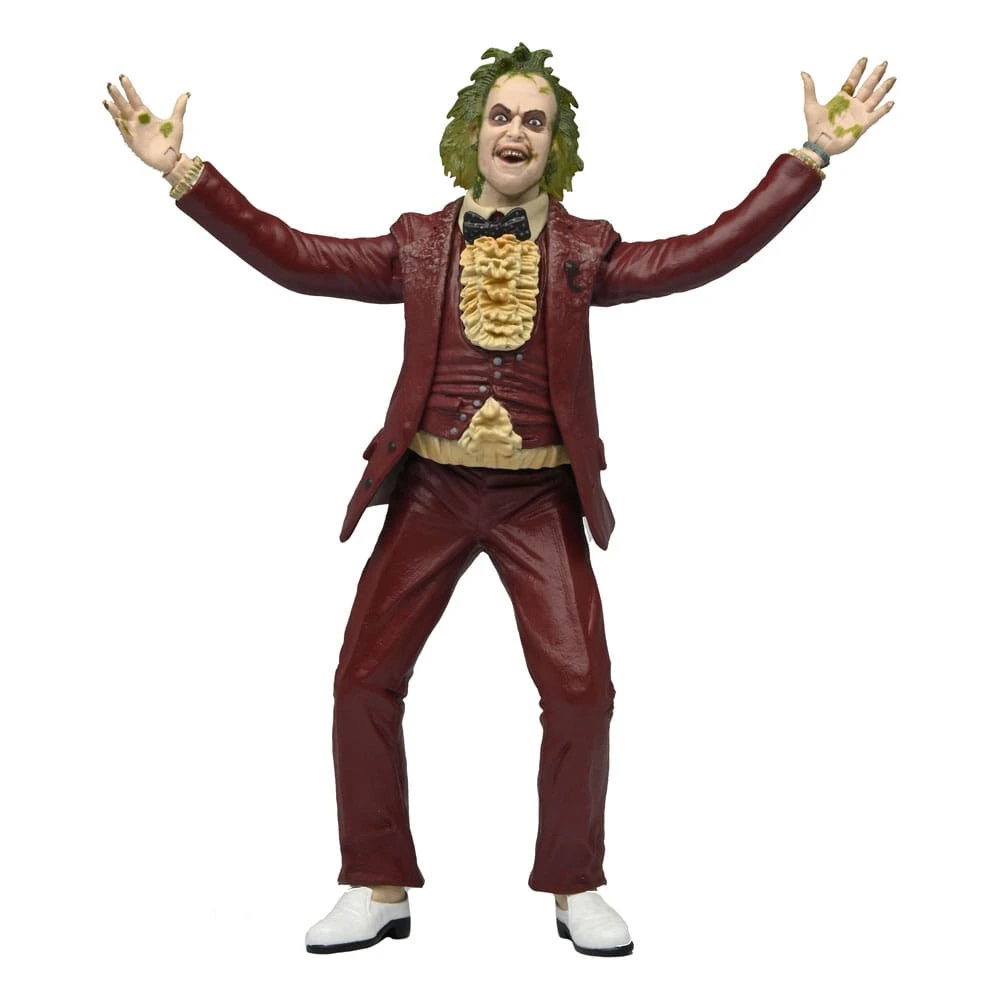 Kollarını açmış bir Beetlejuice figürü. Kırmızı bir takım elbise, fırfırlı gömlek, papyon ve yeşil saçlı. Beyaz ayakkabılar görünümü tamamlıyor.
