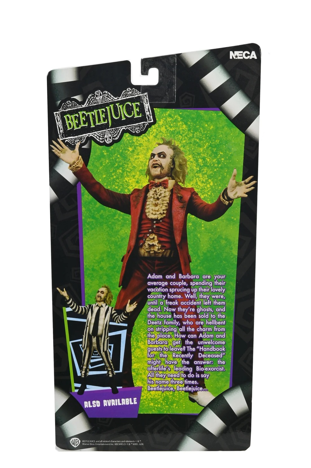 Beetlejuice oyuncak paketi. Kırmızı takım elbiseli Beetlejuice figürü, yeşil arka plan ve metin içerir.
