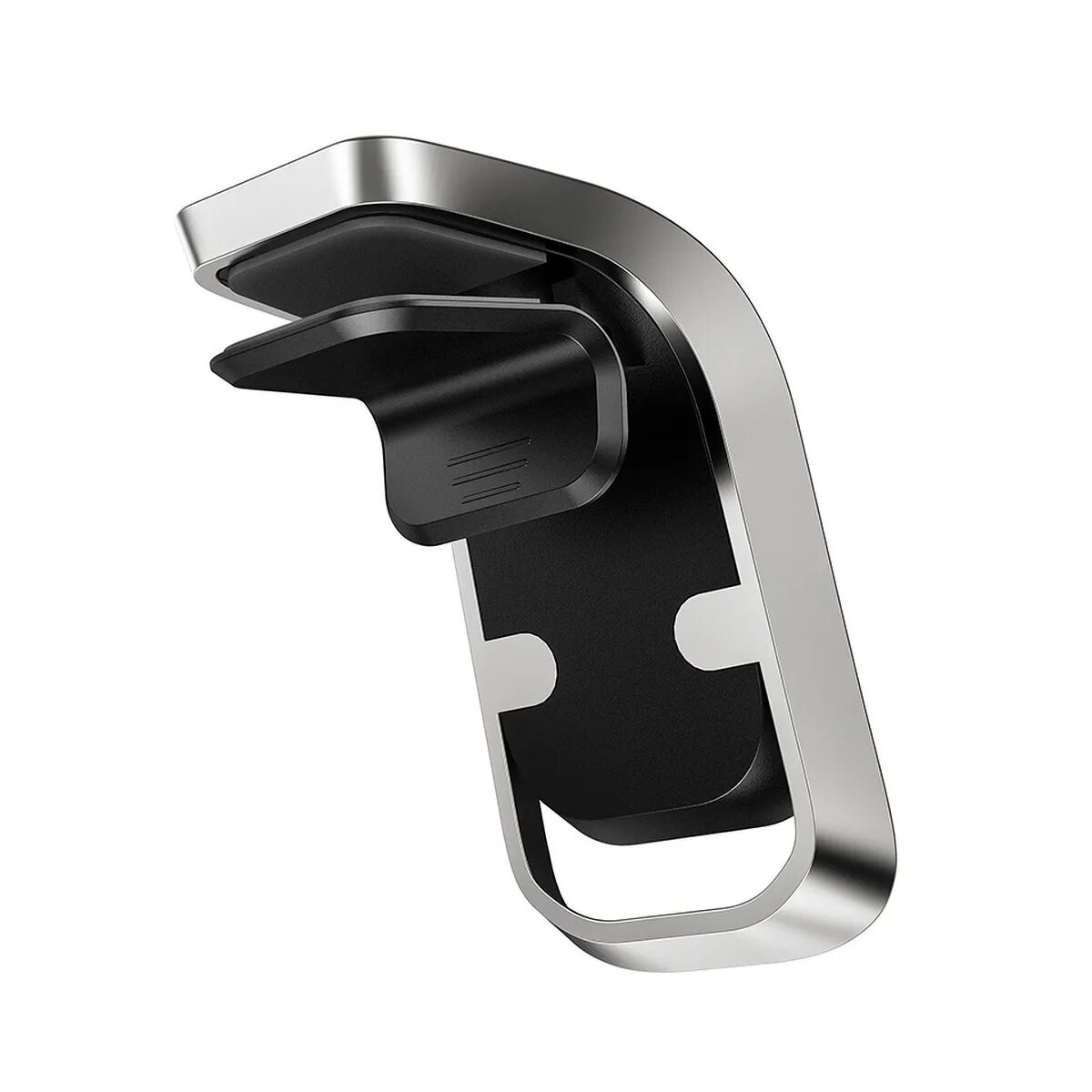 Nahaufnahme eines silber-schwarzen Autotelefonhalters mit Clip-Design vor weißem Hintergrund.