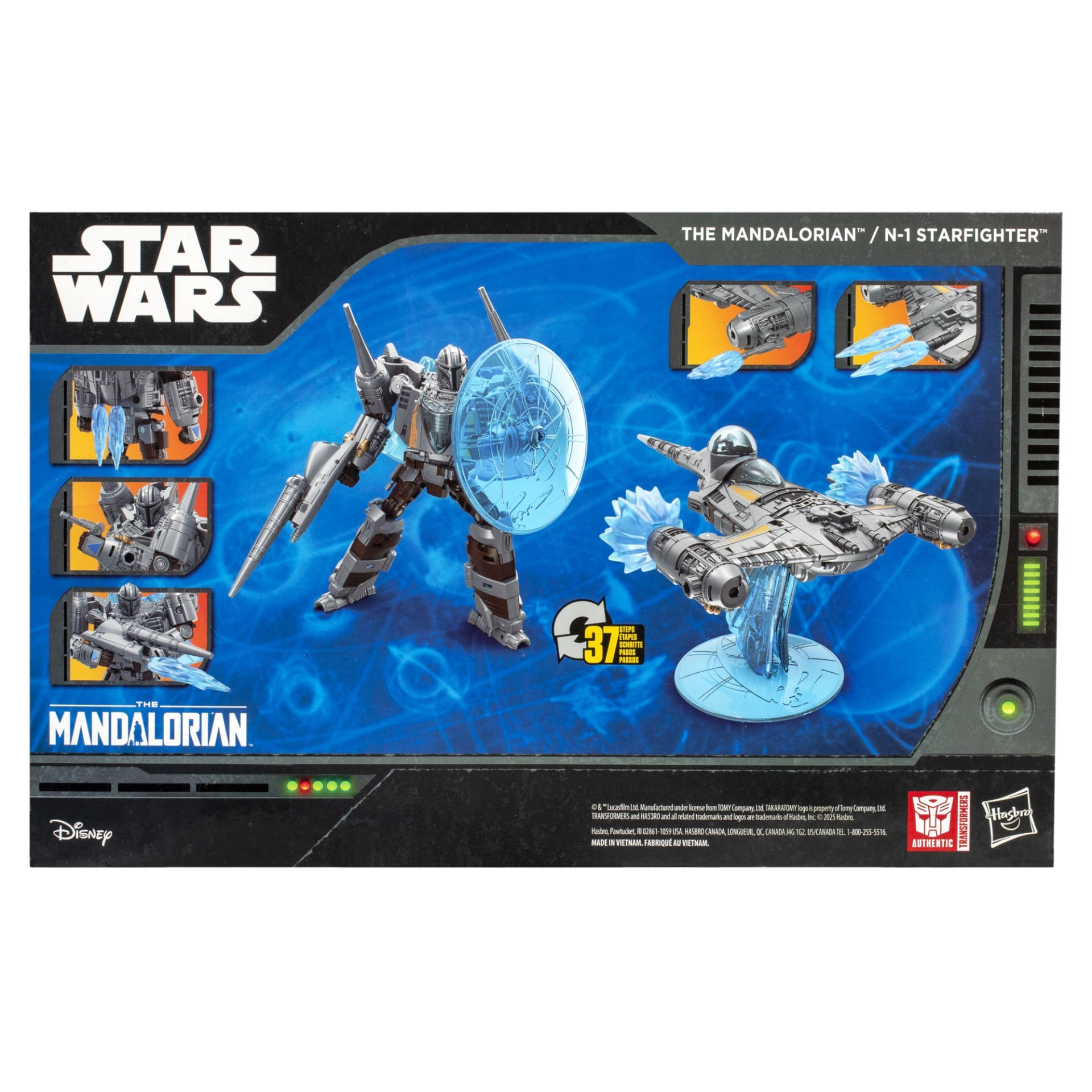 The Mandalorian oyuncak kutusu sanatı, bir robot, bir uzay gemisi ve Star Wars logosunu içeriyor.