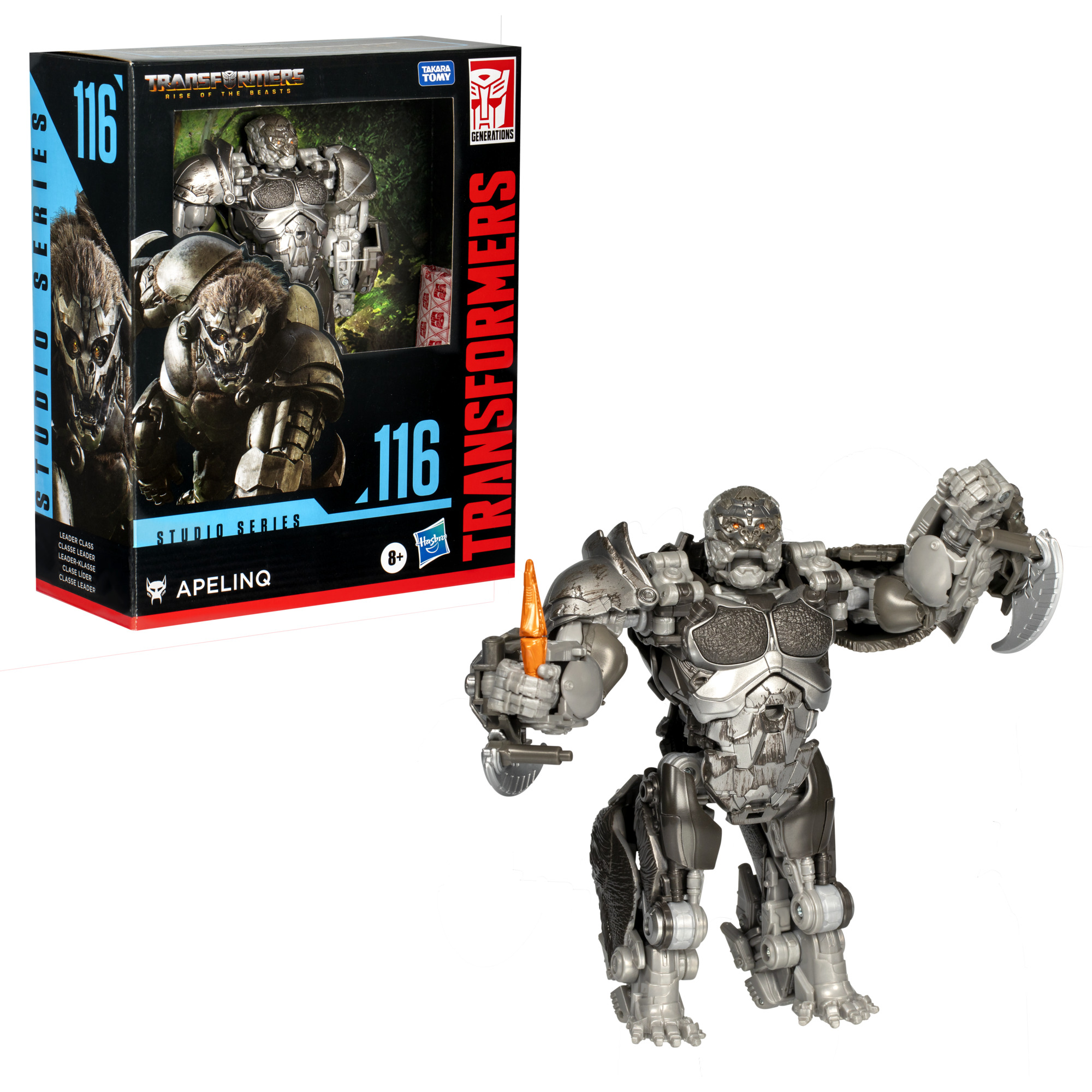 Kutusu olan bir Transformers oyuncağı, Apelinq. Oyuncak gri, turuncu detaylı. Kutu siyah, kırmızı ve mavi.