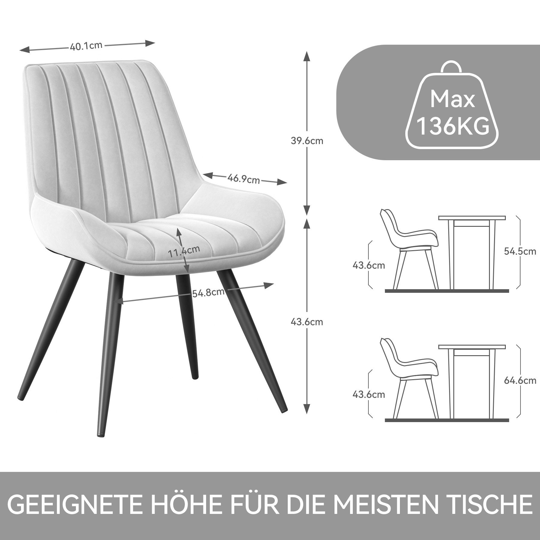 Ein weißer Stuhl mit schwarzen Beinen. Abmessungen sind angegeben. Eine Gewichtsgrenze von 136 kg ist angegeben.