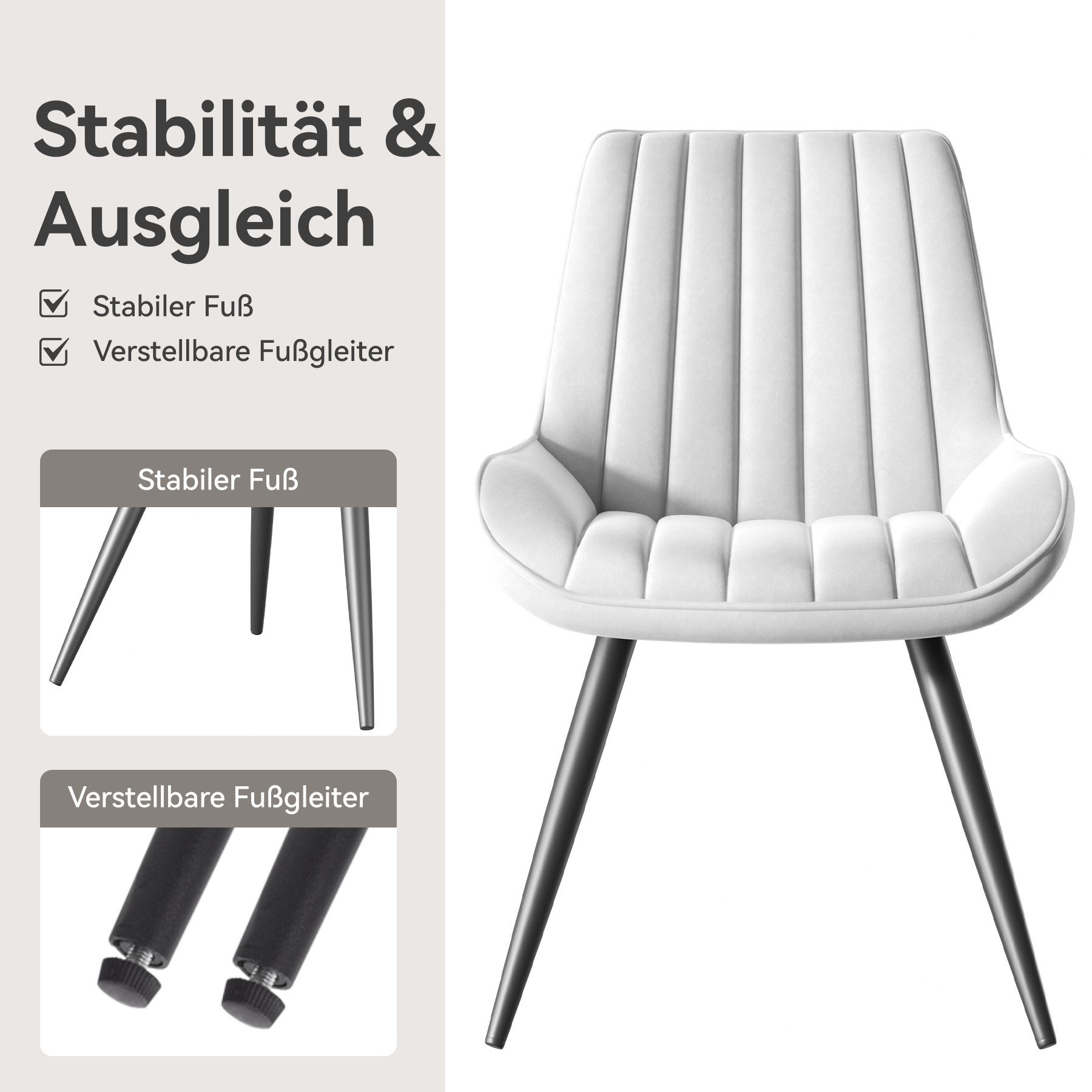 Ein weißer Stuhl mit schwarzen Beinen. Text: Stabilität & Ausgleich, stabiler Fuß, verstellbare Fußgleiter. Details des Stuhls.