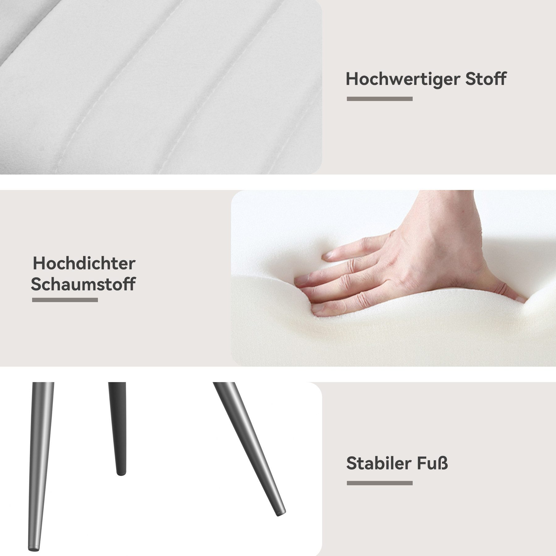 Das Bild zeigt Stoff, Schaumstoff und Beine eines Stuhls. Textbezeichnungen: Hochwertiger Stoff, hochdichter Schaumstoff, stabiler Fuß.