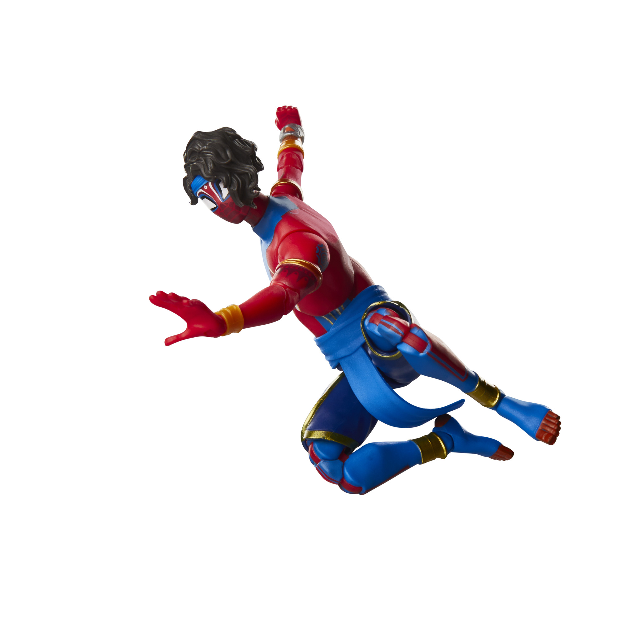 Una figura de superhéroe en el aire, traje rojo y azul, pelo negro, fondo blanco.