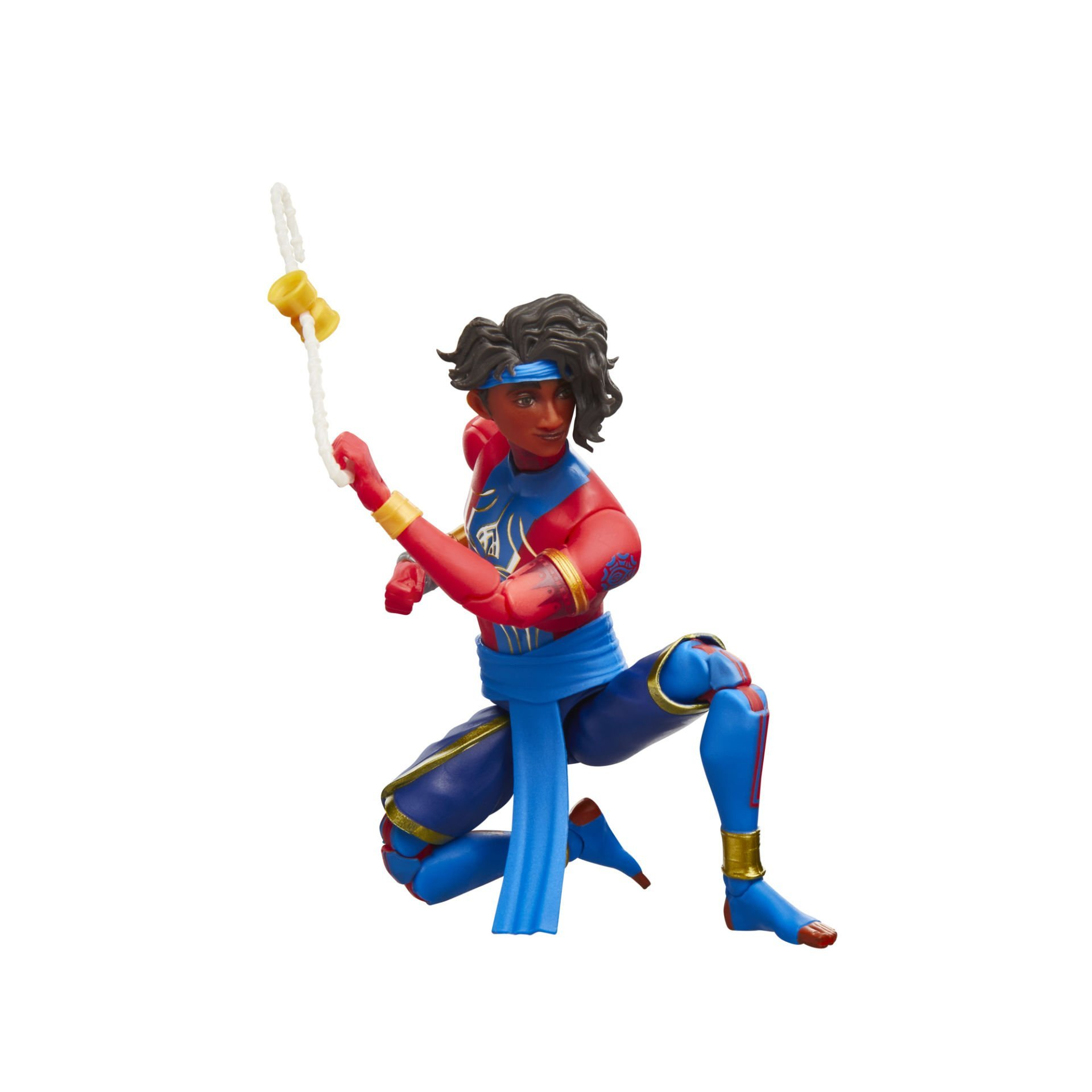 Figura de acción de una superheroína. Se arrodilla con una cuerda y un objeto amarillo en la mano. Traje rojo y azul.