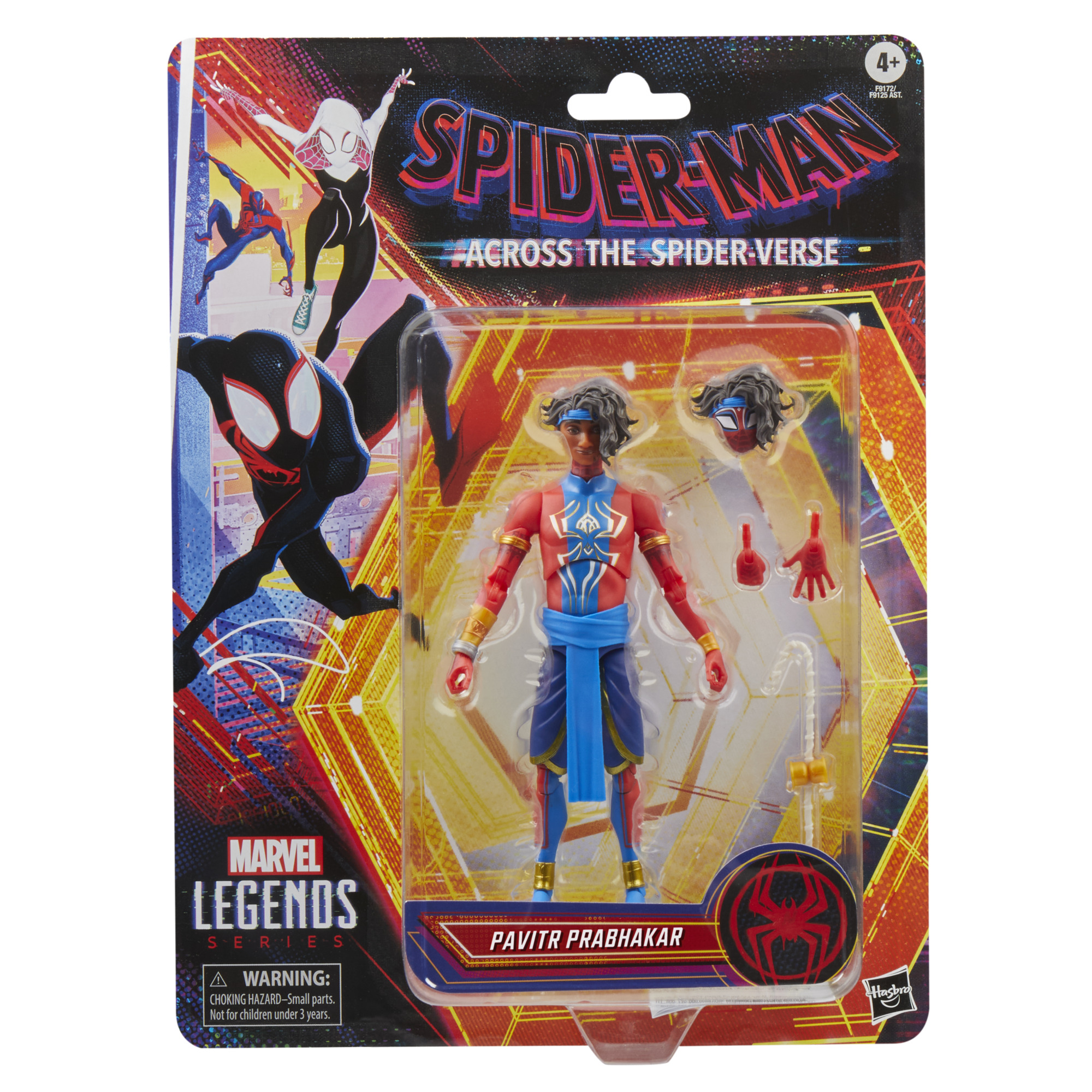 Figura de acción de Pavitr Prabhakar en embalaje. El embalaje muestra personajes de Spider-Man y el logo de Marvel Legends.