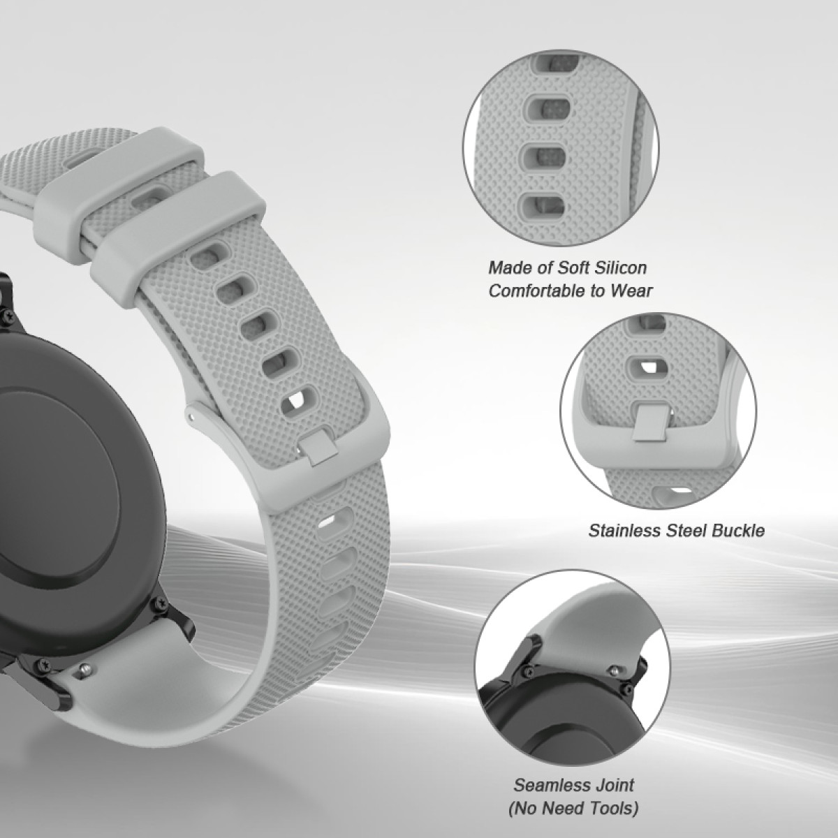 Zbliżenie zegarka z szarym silikonowym paskiem. Szczegóły obejmują klamrę, bezszwowe połączenie i miękki materiał silikonowy.