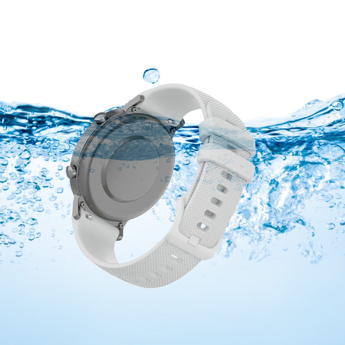 Biały smartwatch zanurzony w wodzie. Zegarek jest okrągły z białym paskiem, otoczony bąbelkami i wodą.