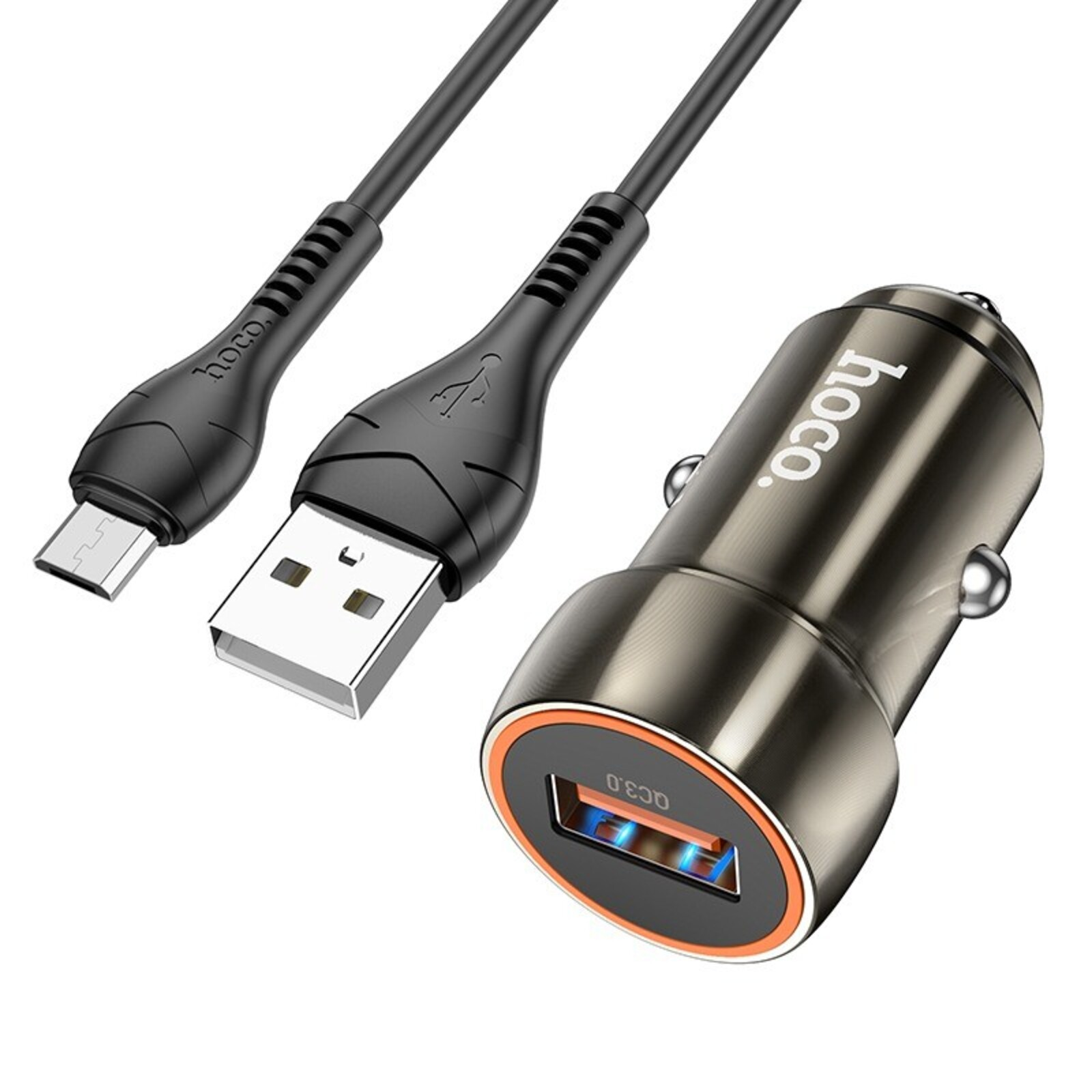 Ein schwarzes USB-Autoladegerät mit zwei schwarzen USB-Kabeln. Das Ladegerät hat einen USB-Anschluss mit blauem Licht.