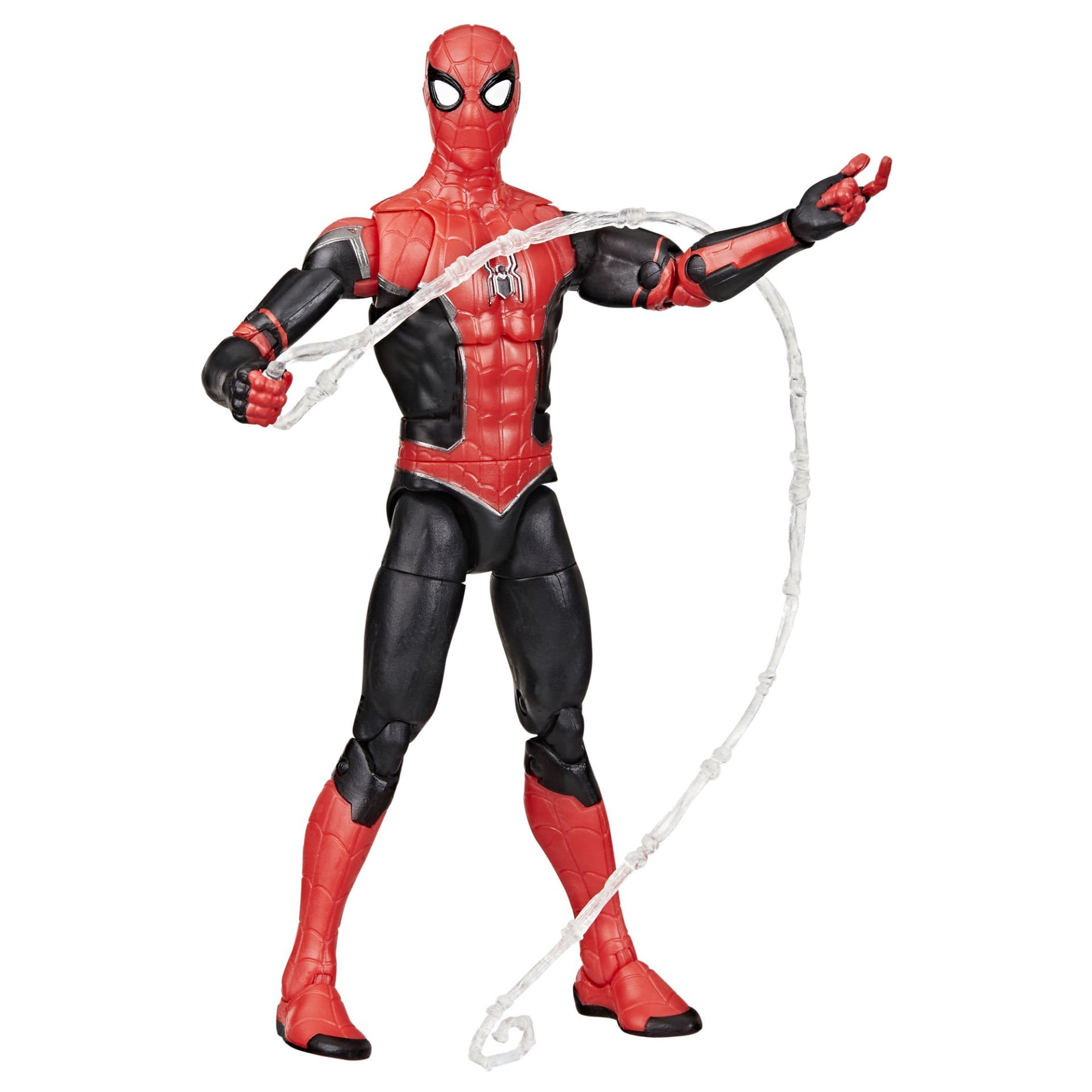 Figura de acción de Spider-Man con traje rojo y negro, sosteniendo telaraña. Fondo blanco.