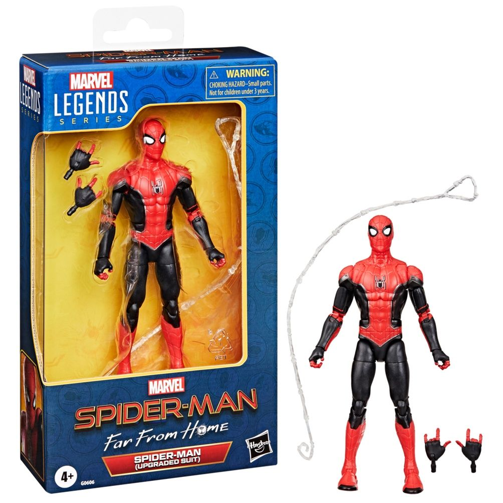 Figura de acción de Spider-Man en caja. La figura es roja y negra, con manos extra y telaraña. La caja dice Marvel Legends.