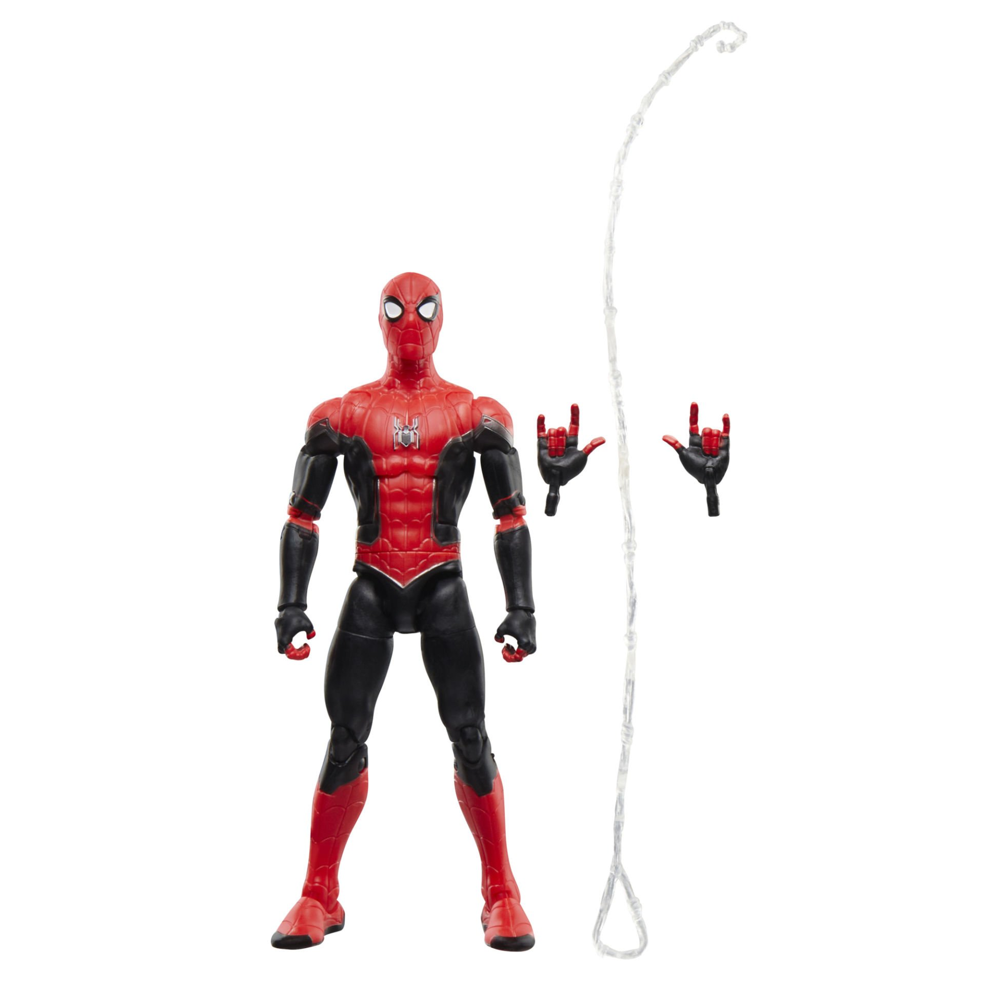 Figura de acción de Spider-Man con telaraña y manos. Traje rojo y negro, telaraña blanca y manos adicionales gestuales.