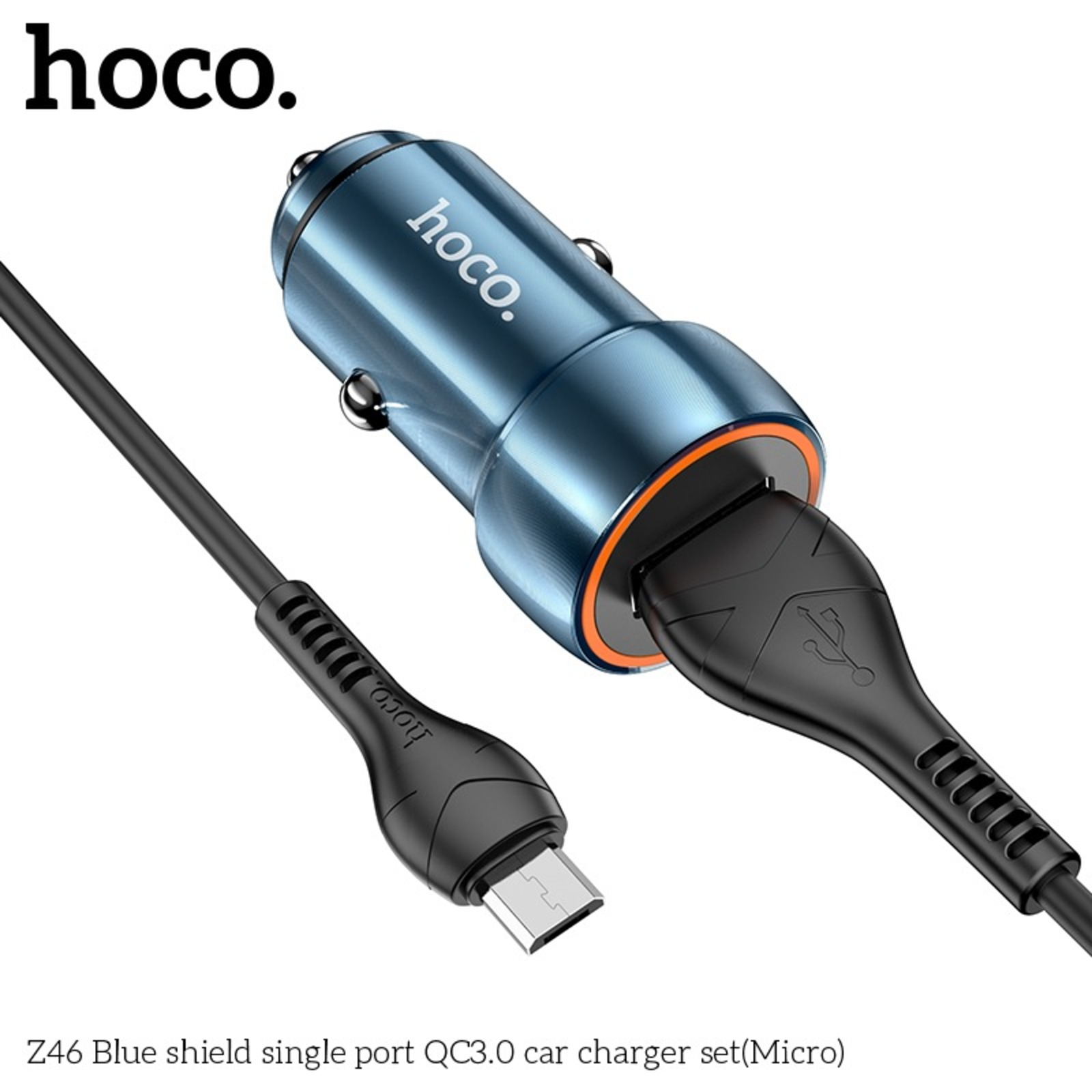 Blaues Autoladegerät mit schwarzem Kabel. Das Ladegerät hat das Logo 'hoco.'. Ein USB-Kabel ist angeschlossen.