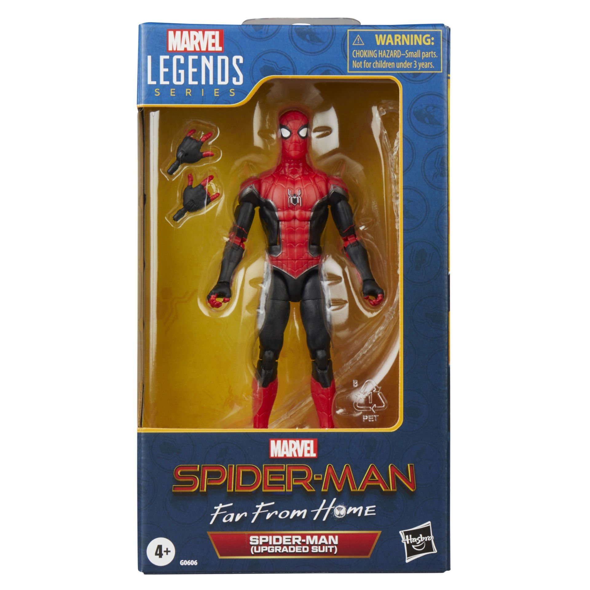 Una figura de acción de Spider-Man en una caja. La figura es roja y negra. La caja tiene los logos de Marvel y Spider-Man.