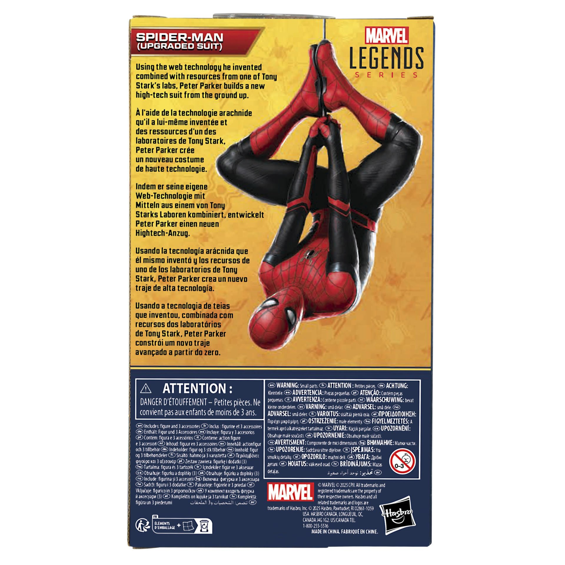 Figura de acción de Spider-Man, pose dinámica, traje rojo y negro, en caja con texto.