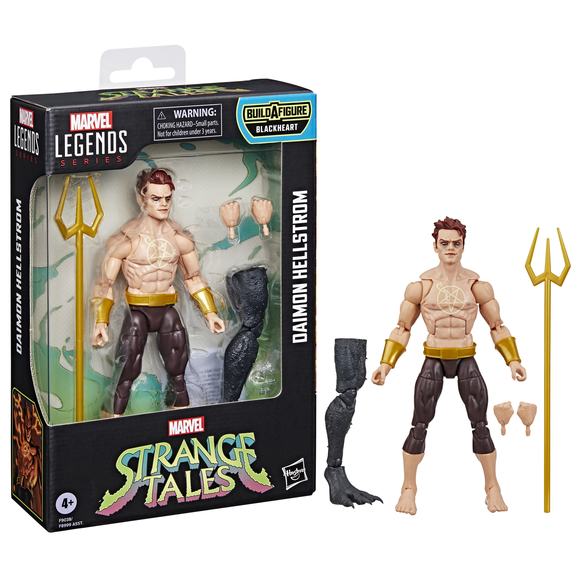 Marvel Legends Daimon Hellstrom aksiyon figürü, mızrakla. Kutu solda, figür sağda.