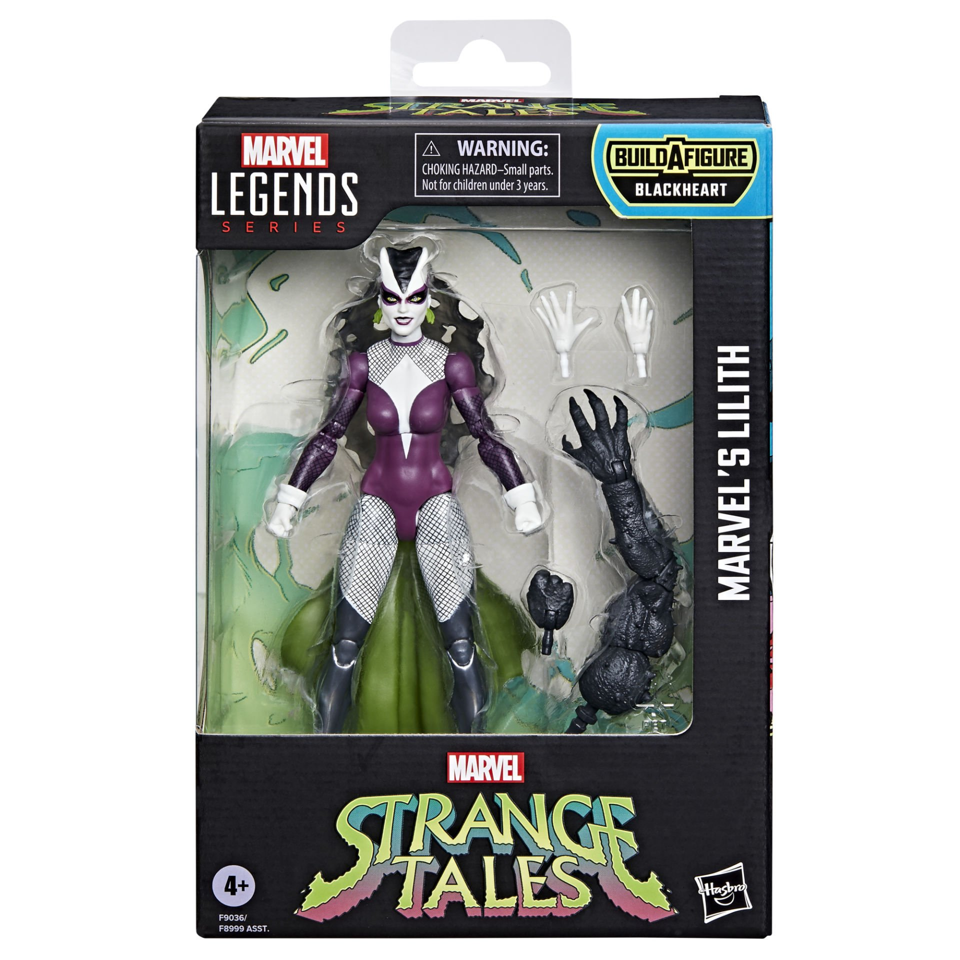 Figura de acción Marvel Legends Lilith en caja. Incluye figura, manos y brazo Blackheart. Colores púrpura, blanco y verde.