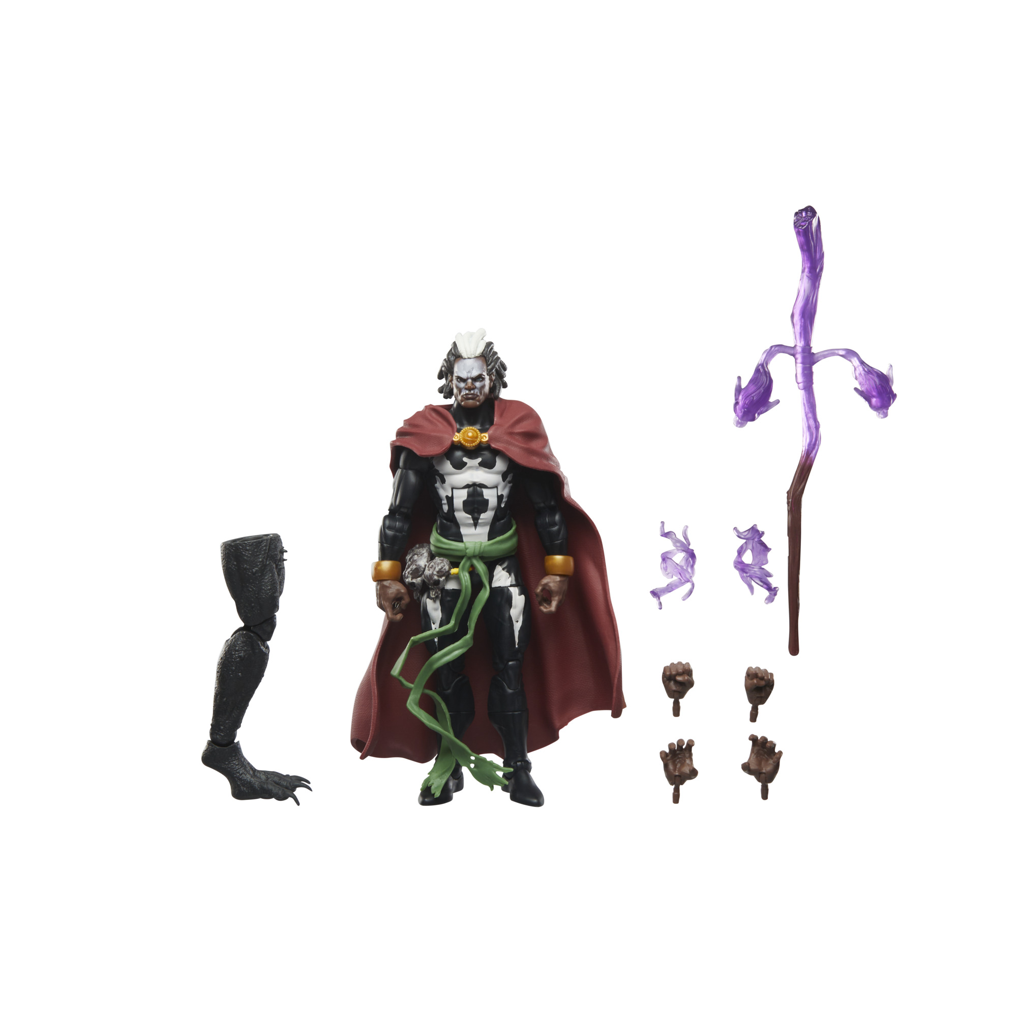 Actionfigur einer Figur mit rotem Umhang, Zubehör wie Hände, Bein und lila Stab auf weißem Hintergrund.