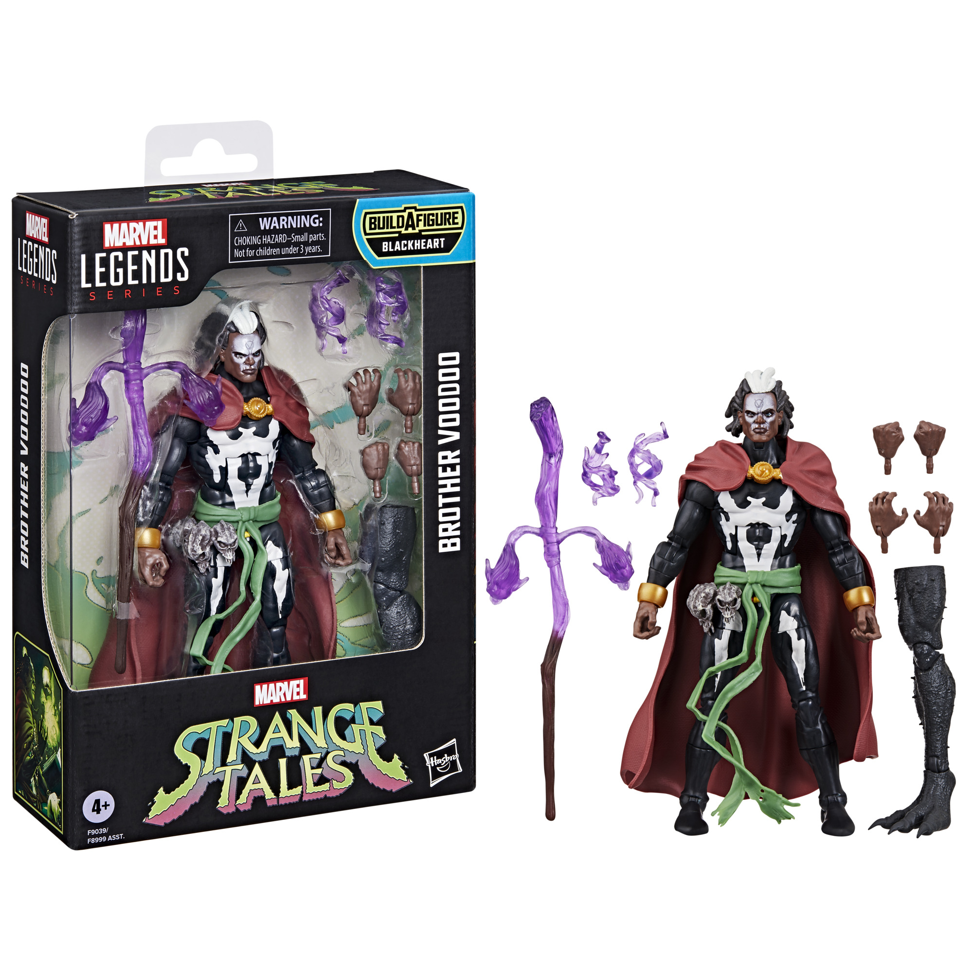 Marvel Legends Brother Voodoo Actionfigur. Sie hat einen roten Umhang, einen grünen Schärpe und einen Stab. Es ist in einer Box mit zusätzlichen Teilen.
