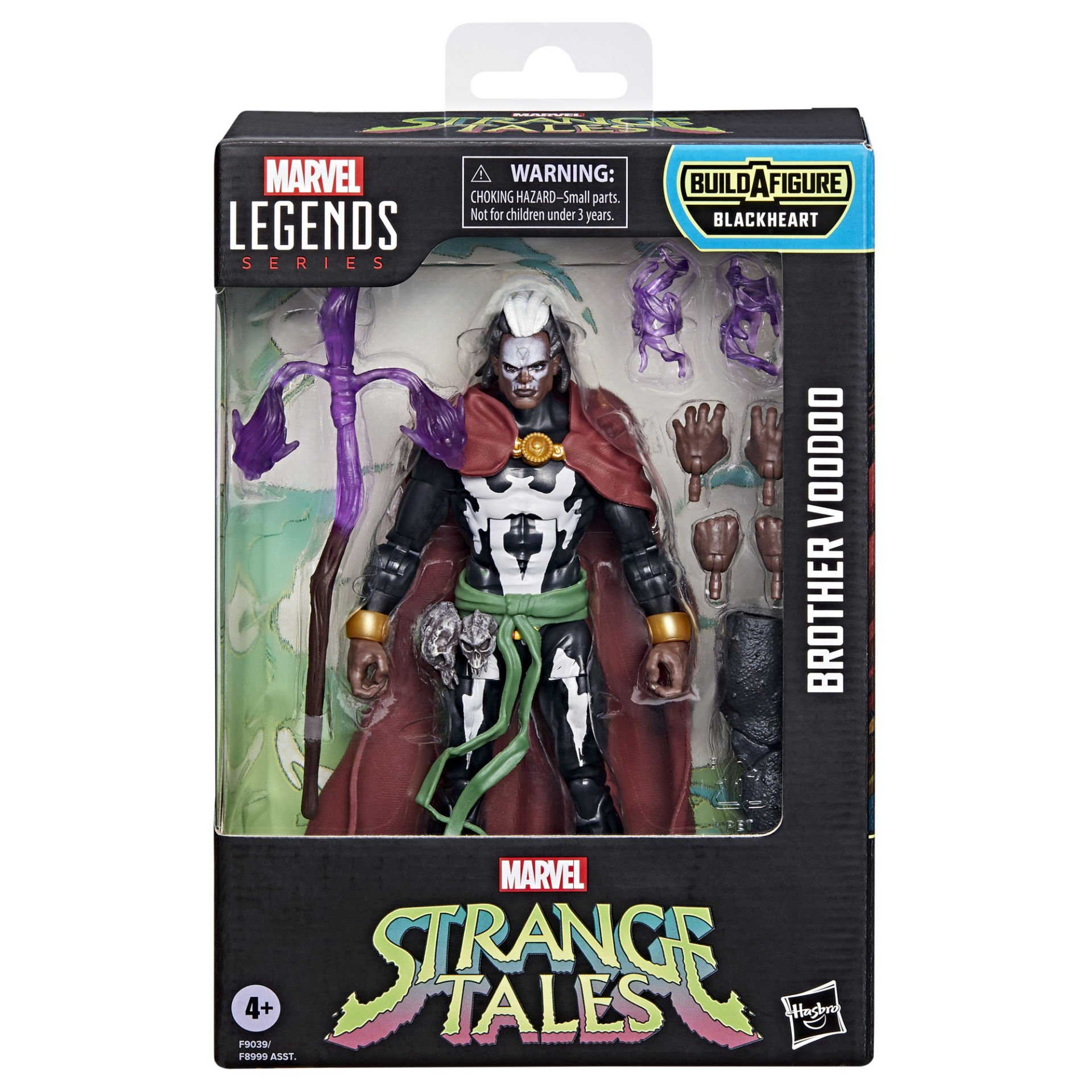 Marvel Legends Brother Voodoo Actionfigur in der Box mit Zubehör. Enthält einen roten Umhang und Schädeldetails.