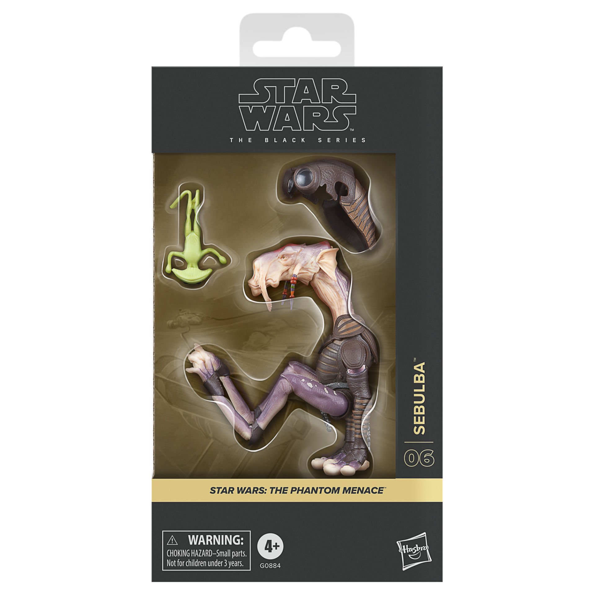Ambalaj içinde bir Star Wars figürü olan Sebulba. Figür mor renkte, kahverengi zırhlı. Ambalajda Star Wars logosu var.