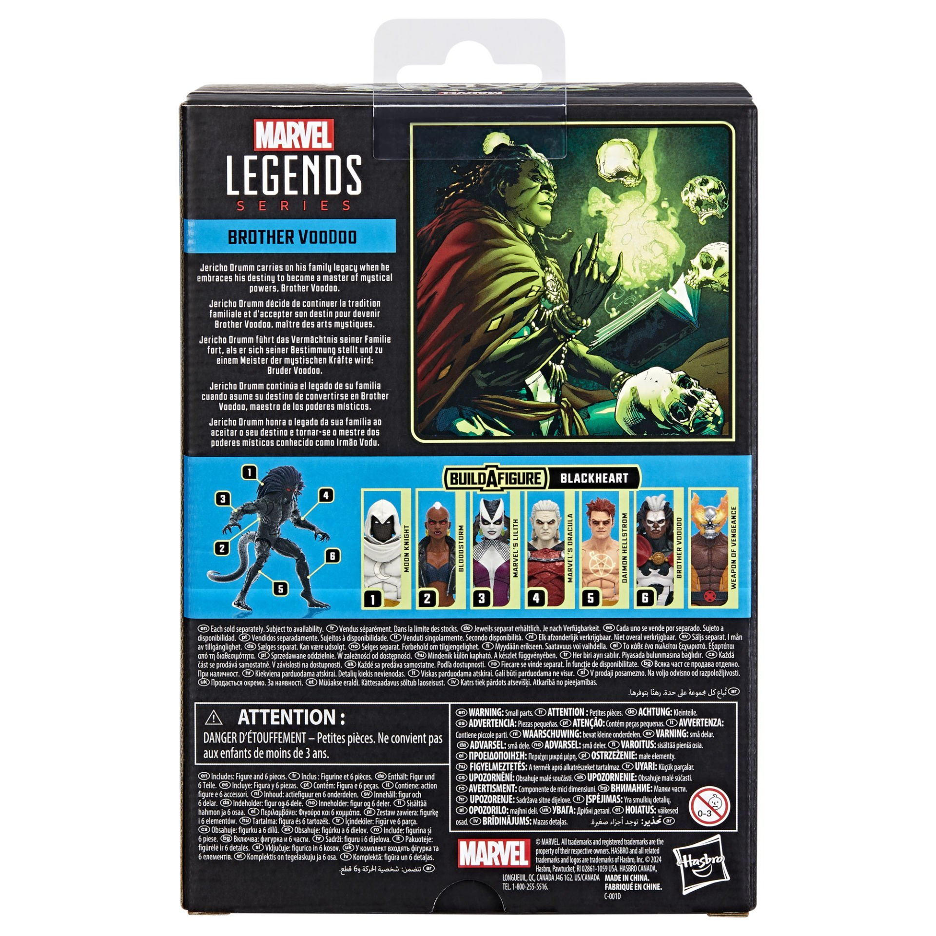 Rückseite einer Marvel Legends Box. Enthält Brother Voodoo Figur und andere. Text und Charakterkunst sind sichtbar.