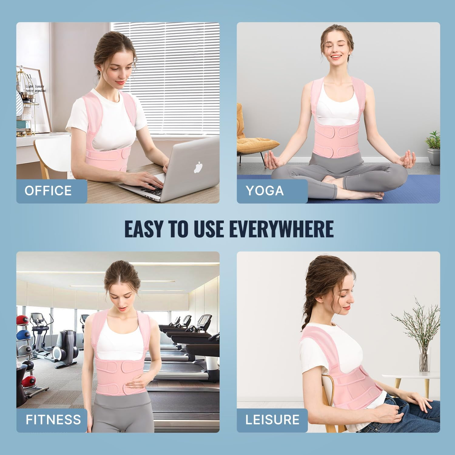 Das Bild zeigt vier Szenarien: Büro, Yoga, Fitness und Freizeit. Frauen tragen einen rosa Haltungskorrektor und werben für seine vielseitige Verwendung.