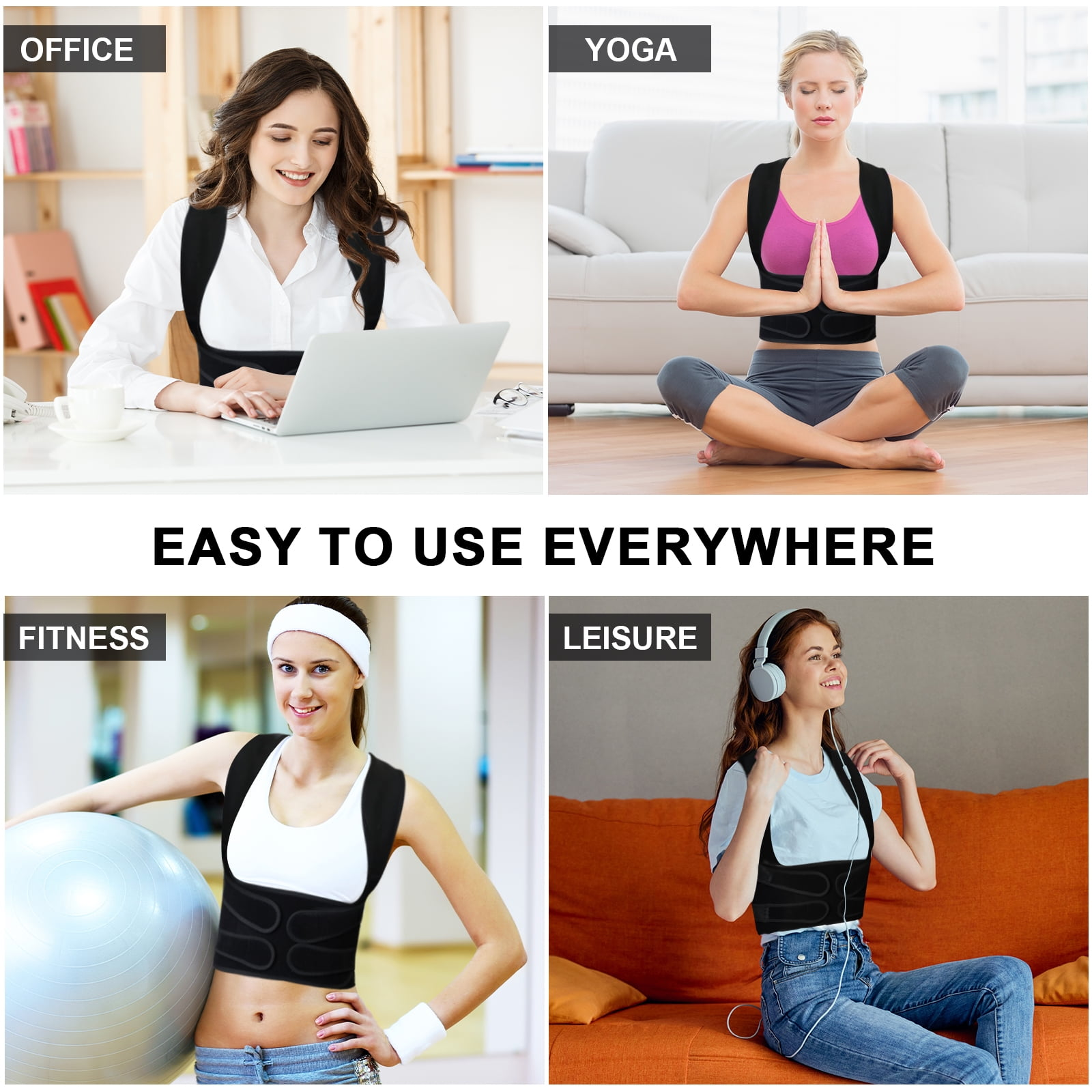 Das Bild zeigt Personen, die in Büro-, Yoga-, Fitness- und Freizeitbereichen Haltungskorrektoren tragen.