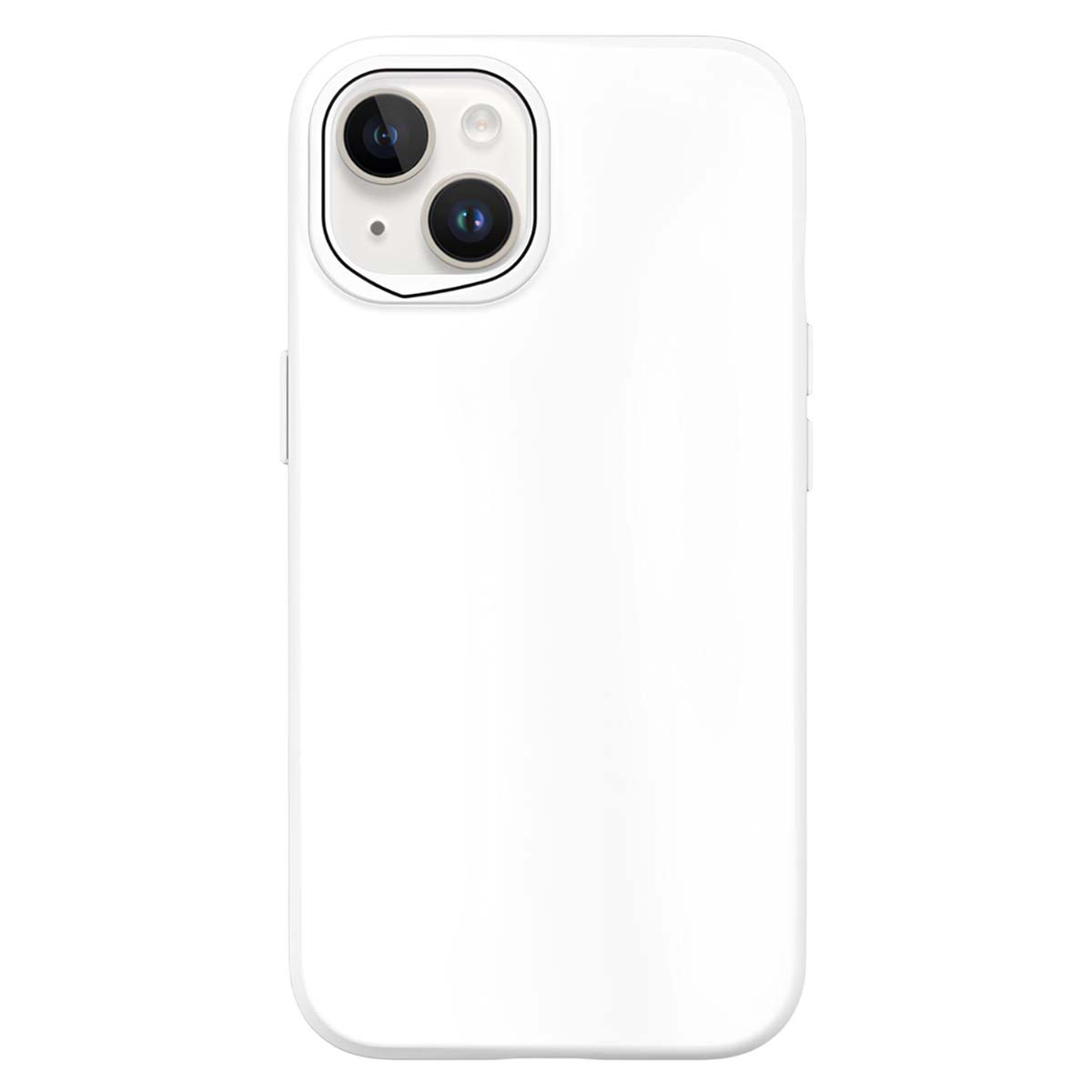 Un iPhone bianco con una custodia protettiva. Gli obiettivi della fotocamera sono visibili in alto a sinistra. La custodia è liscia e pulita.