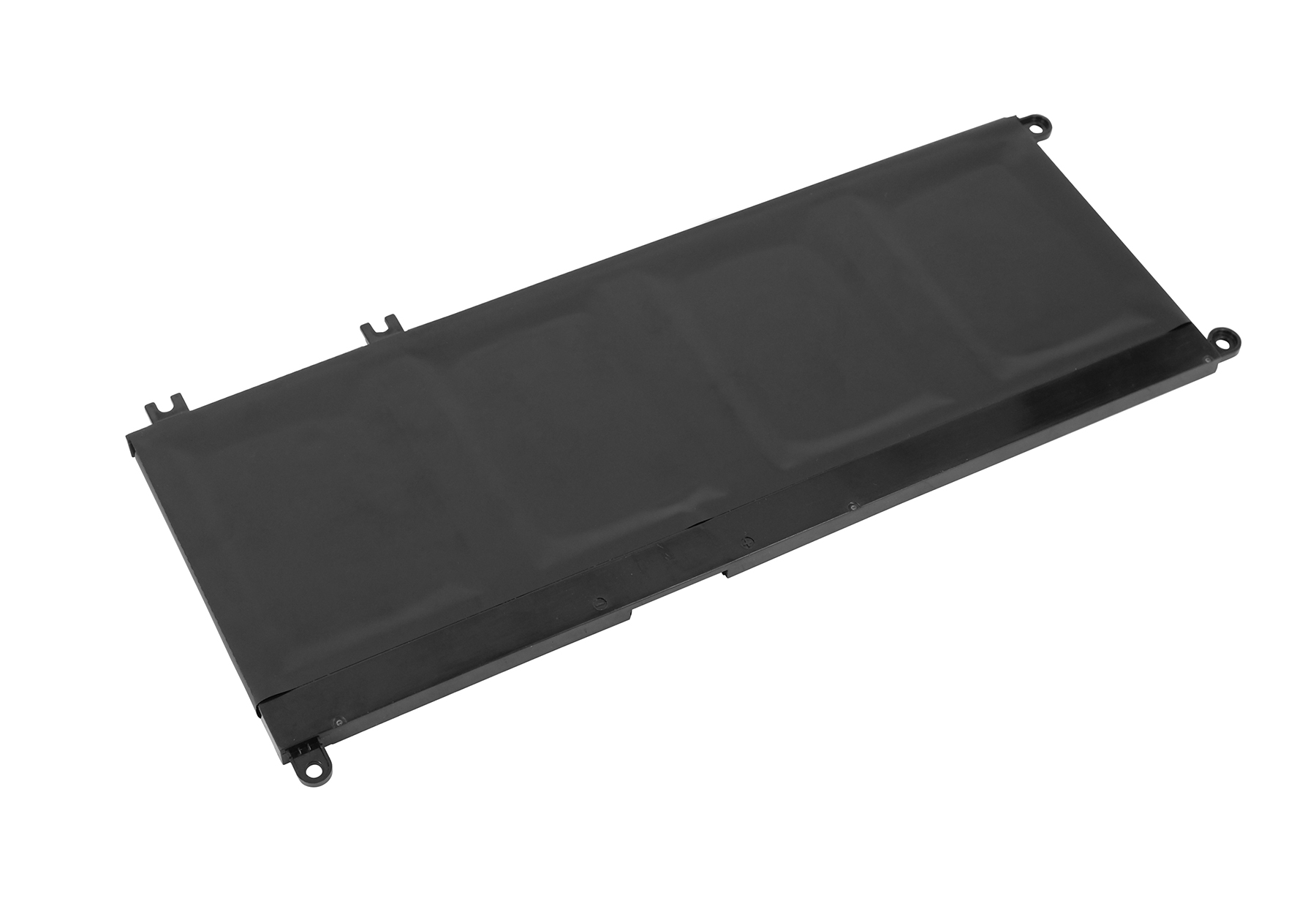 Schwarzer Laptop-Akku auf weißem Hintergrund. Er ist rechteckig mit abgerundeten Ecken und hat Anschlüsse an den Enden.