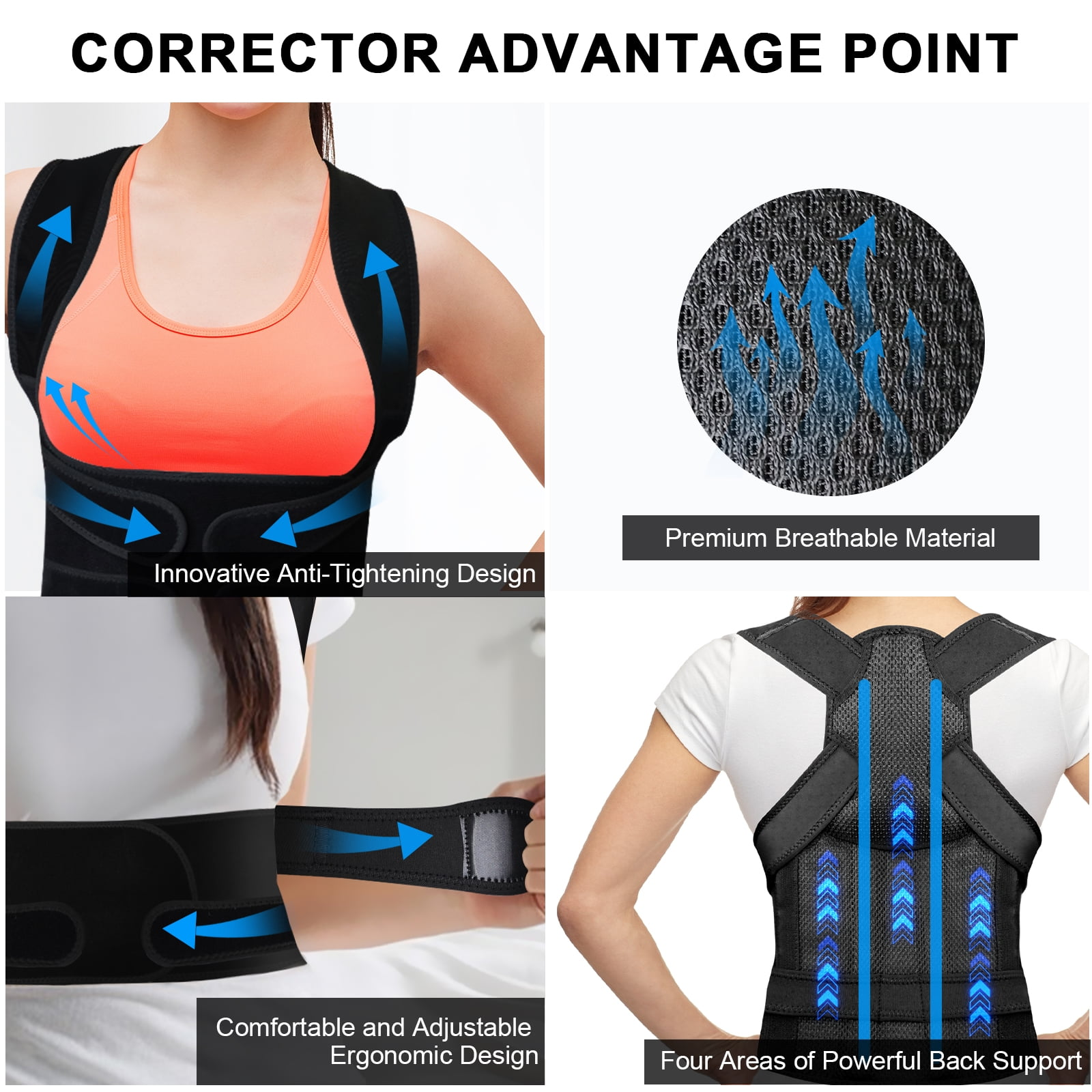 Das Bild zeigt einen Haltungskorrektor. Er verfügt über innovatives Design, atmungsaktives Material und ergonomische Unterstützung. Pfeile heben Bereiche hervor.