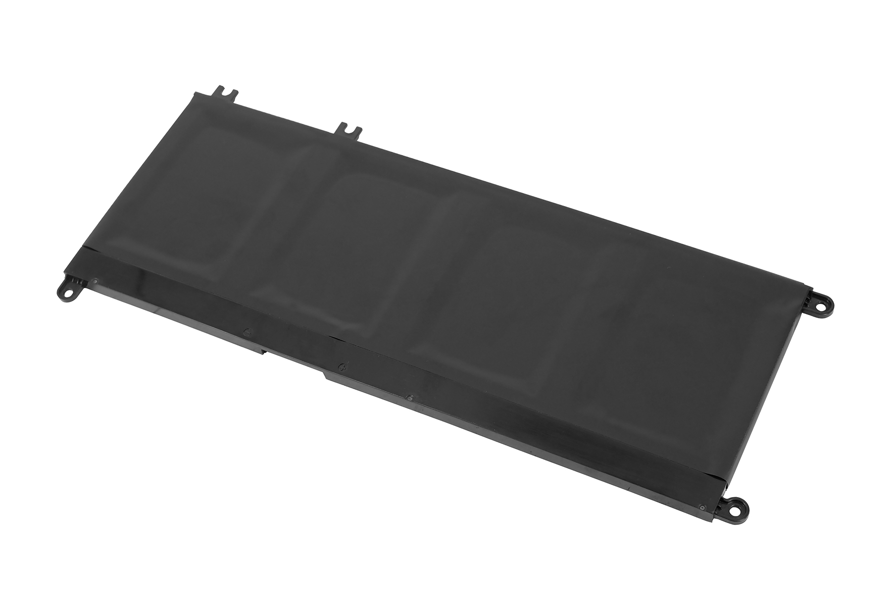 Ein rechteckiger, schwarzer Laptop-Akku. Er hat eine glatte Oberfläche mit abgerundeten Ecken und mehreren kleinen Löchern.