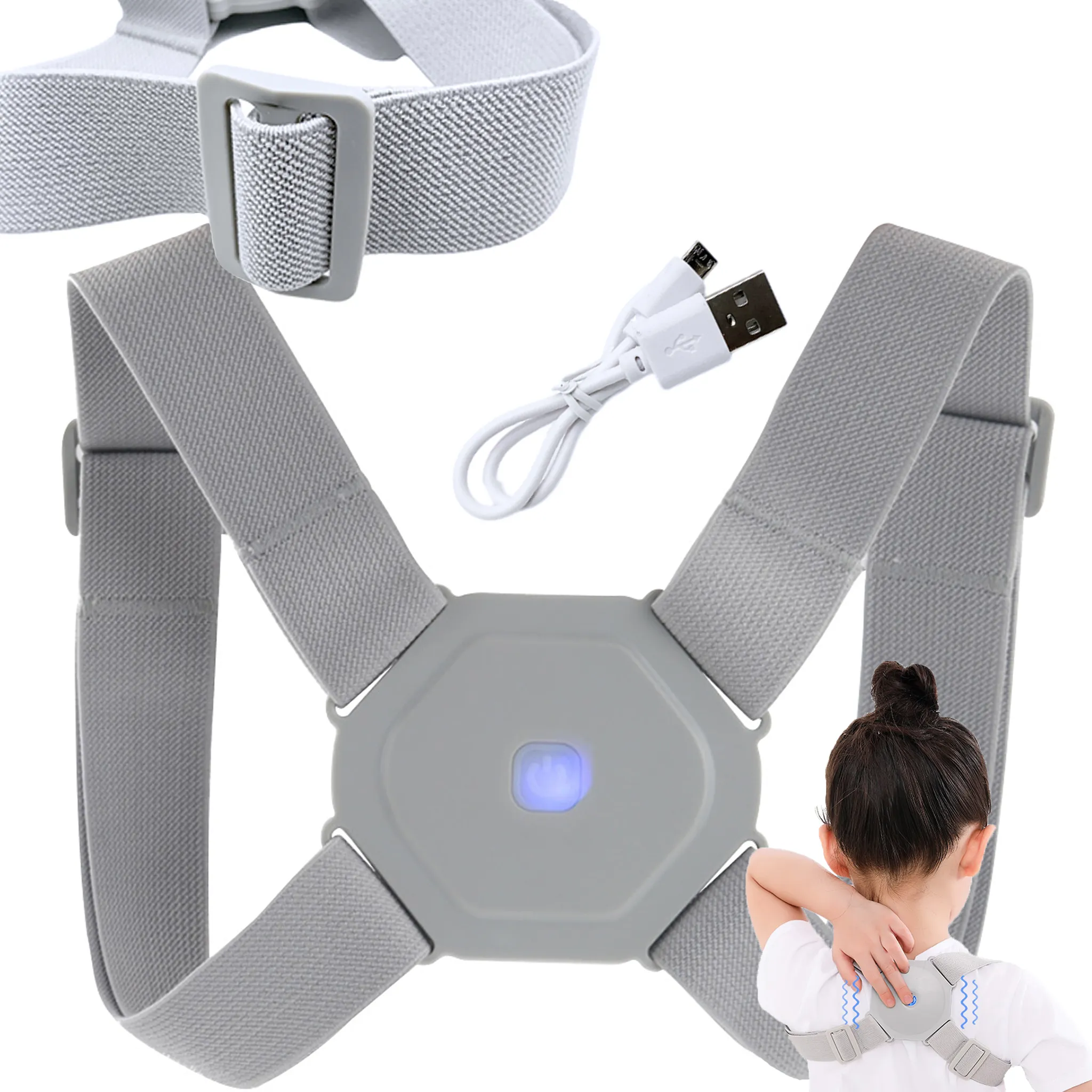 Ein grauer Haltungskorrektor mit Trägern, einem zentralen Gerät mit blauem Licht und einem USB-Kabel. Ein Kind trägt es.