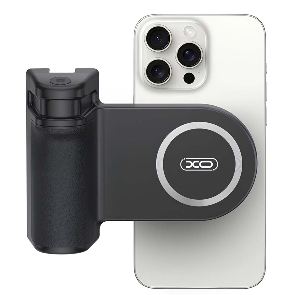 Un'impugnatura per telefono nera attaccata a uno smartphone bianco. L'impugnatura ha un'impugnatura strutturata e un pad di ricarica magnetico.