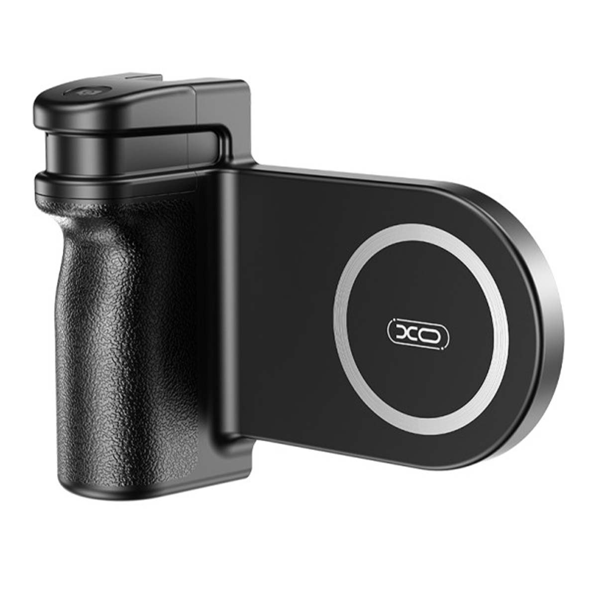 Controller di gioco nero per dispositivi mobili. Ha un'impugnatura, un pulsante e un caricatore con un logo.