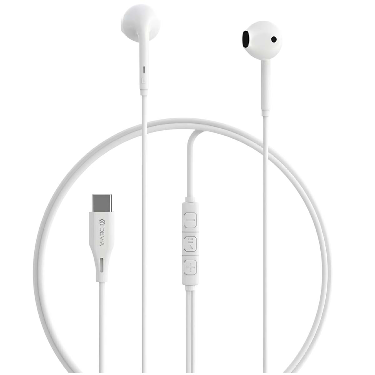 Auricolari bianchi con connettore USB-C. Gli auricolari hanno un pannello di controllo con pulsanti. Viene mostrato un auricolare e il cavo è curvo.