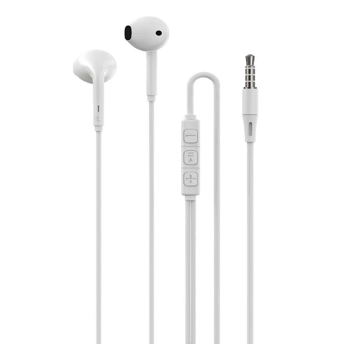 Auricolari bianchi con modulo di controllo e jack da 3,5 mm. Gli auricolari e i fili sono bianchi su sfondo bianco.