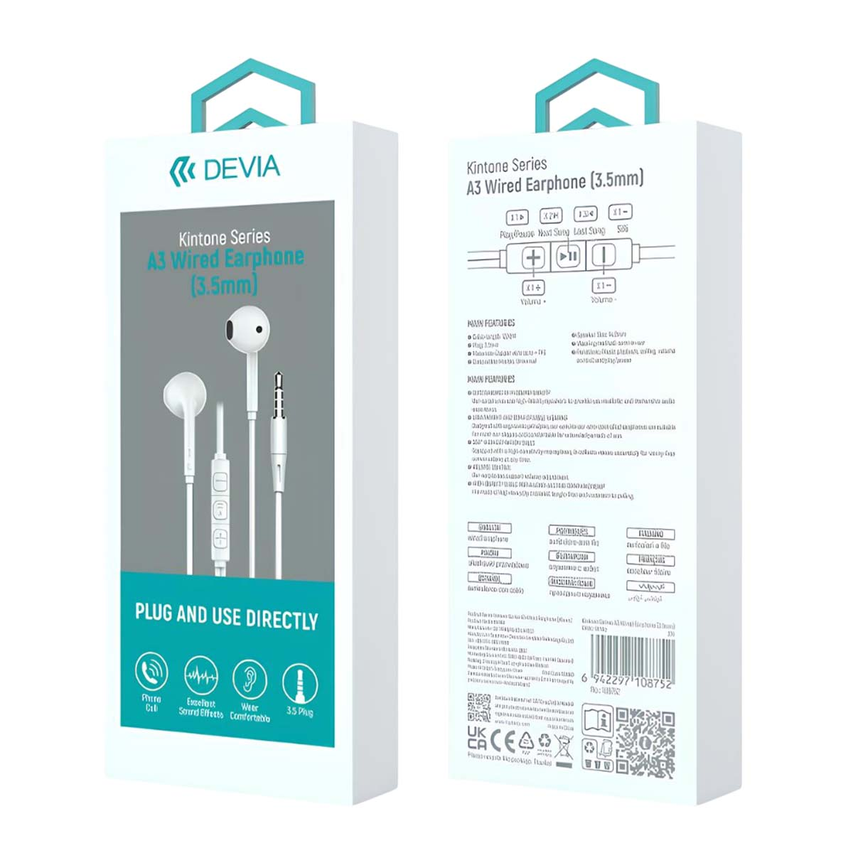 Auricolari bianchi in una scatola bianca, etichettati 'Kintone Series A3 Wired Earphone'.