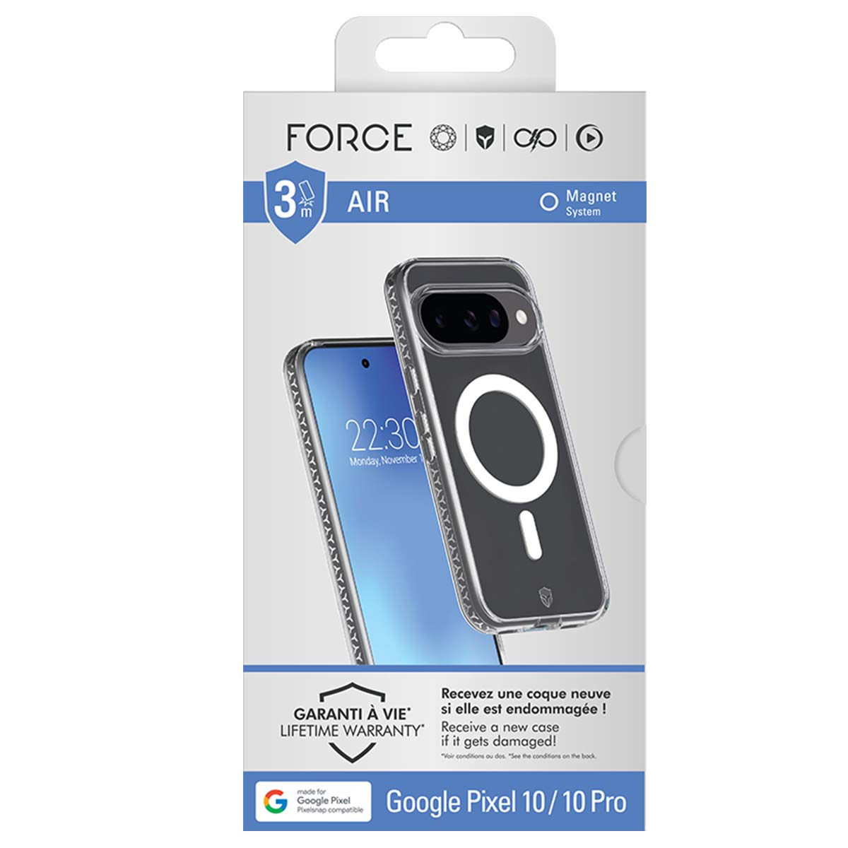 Una confezione di custodia per telefono con un telefono all'interno. La confezione include il marchio 'FORCE' e il modello 'Google Pixel 10/10 Pro'.